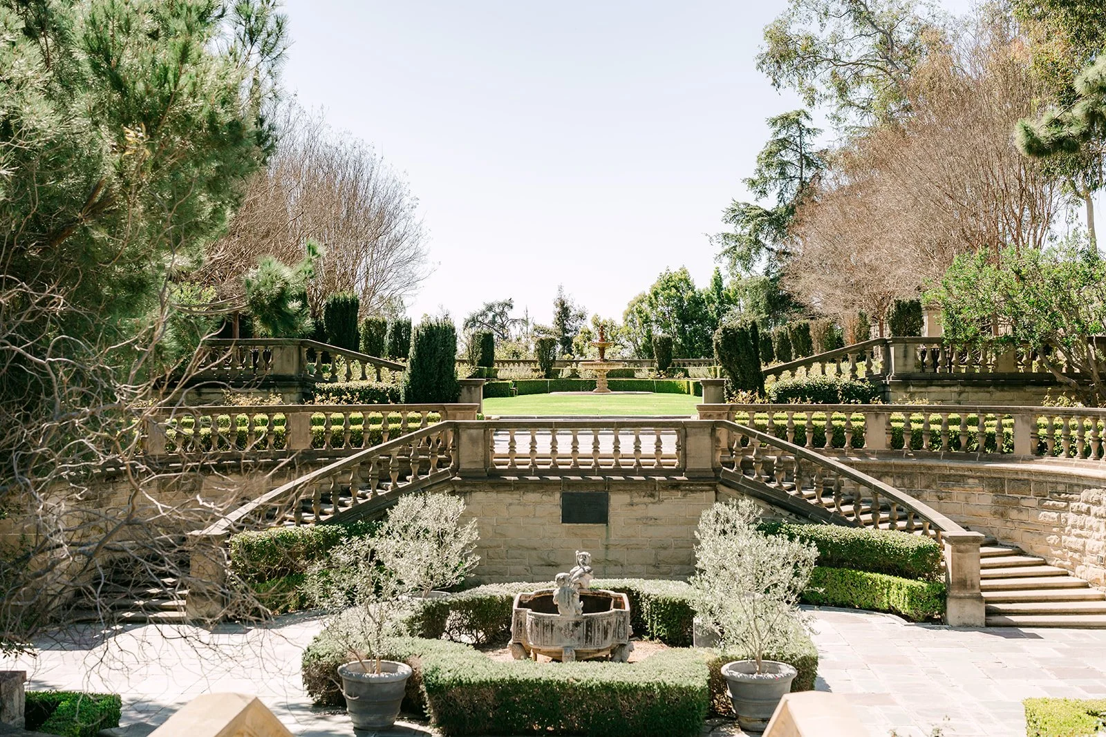The terraced lower gardens and balustrade staircase at Greystone Mansion in Beverly Hills.