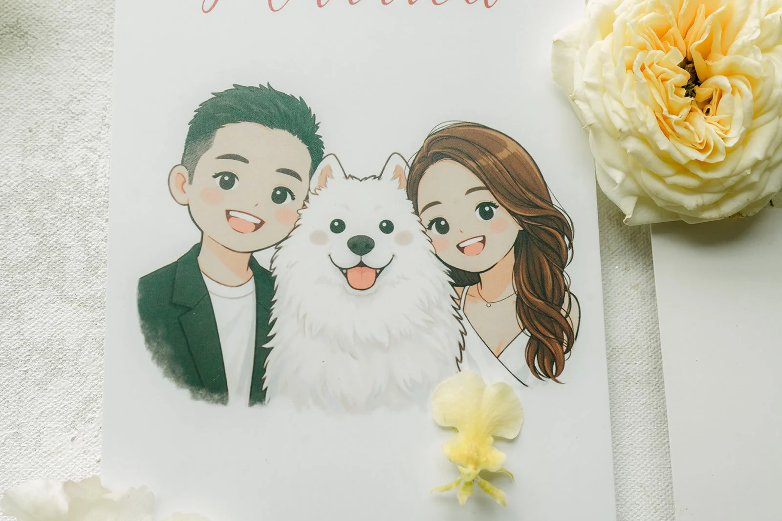Close-up of the illustrated invitation showing Jenny, Ryan and Snowball beside a yellow rose.