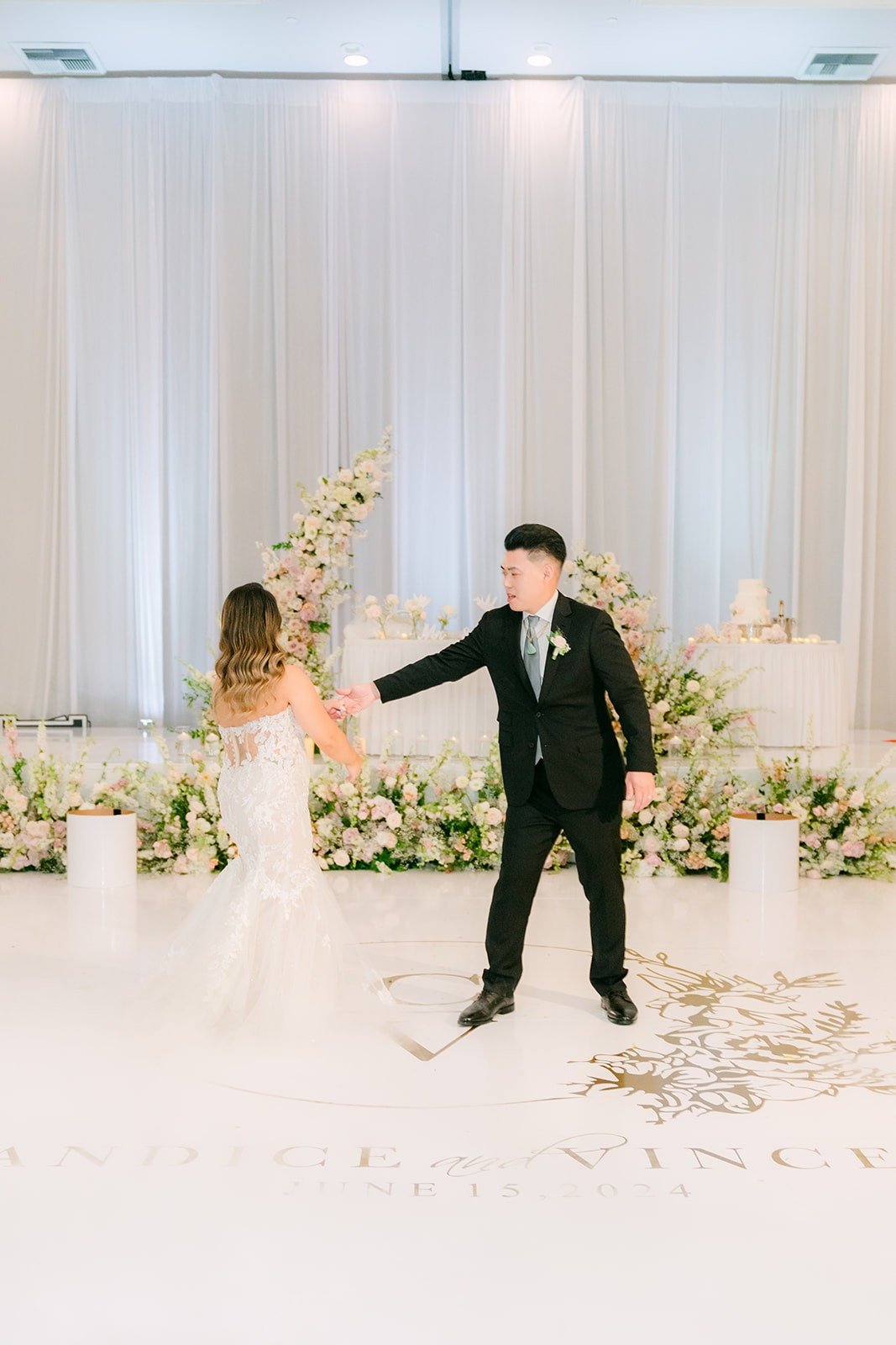 Candice and Vincent starting their first dance on a cloud of fog