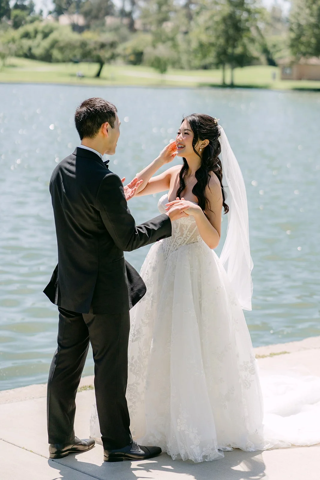 Austin reaching for Clarissa's veil
