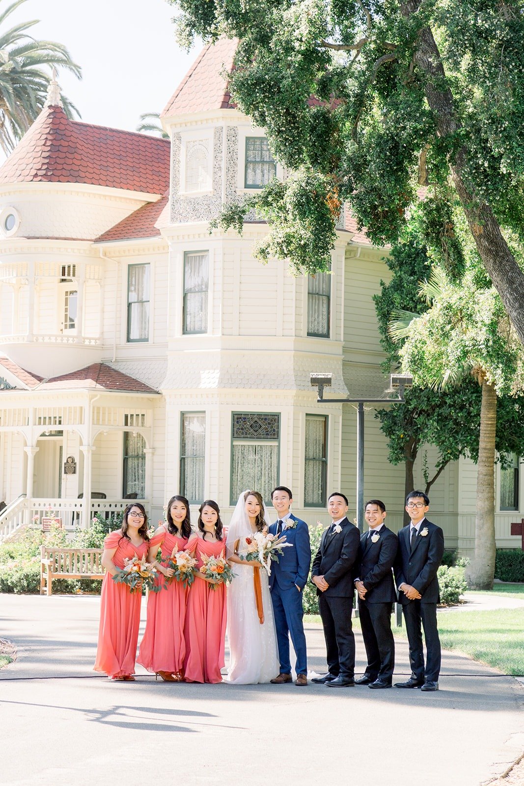 The wedding party lined up in front of Camarillo Ranch House