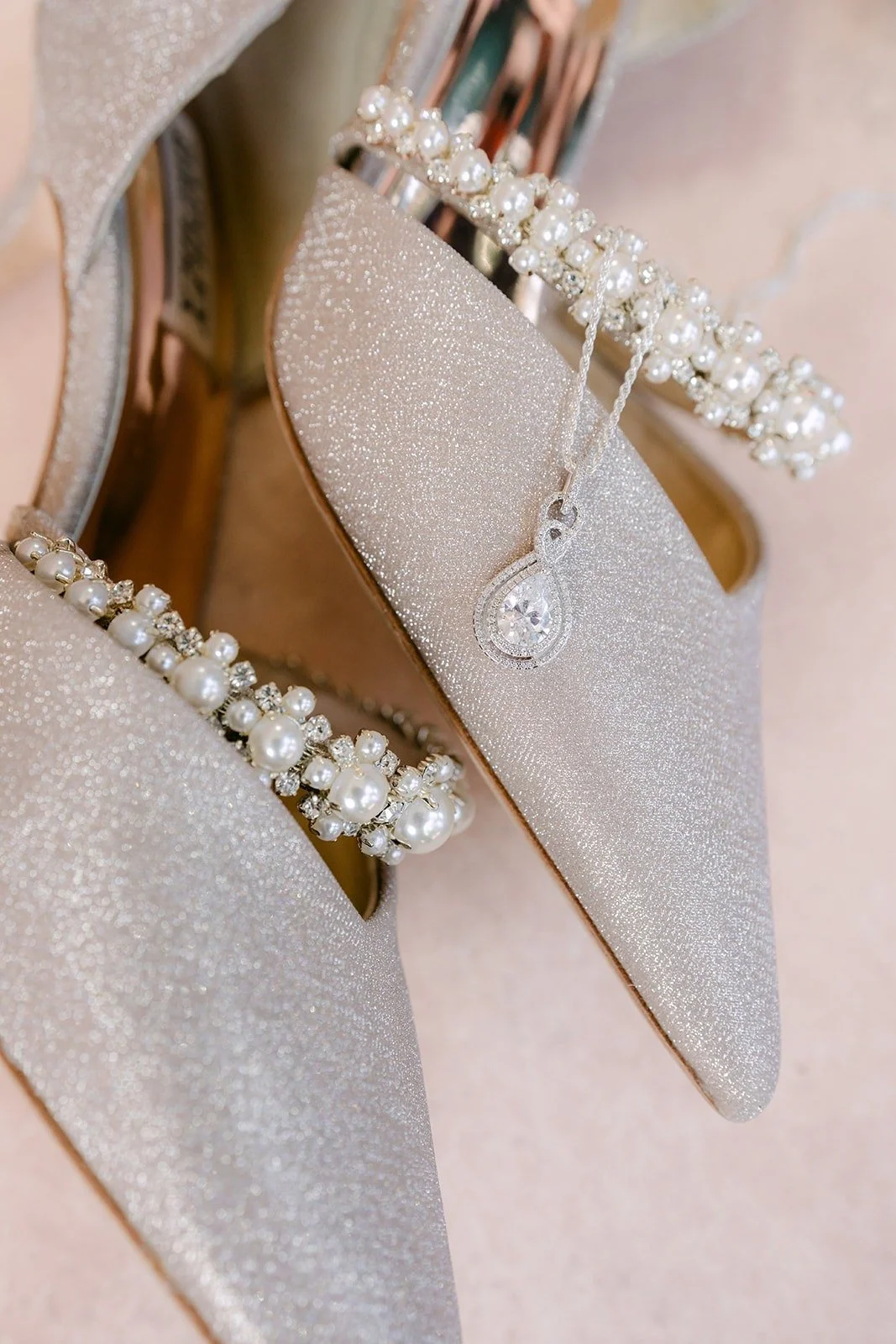 Silver pearl strap heels with Amy's drop earrings