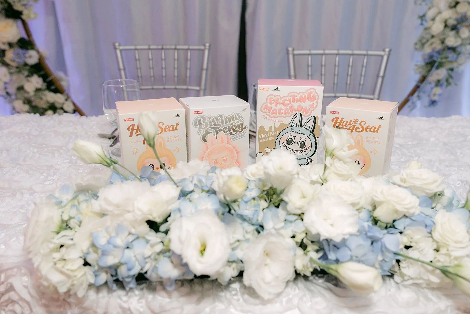 Sweetheart table with white and blue florals