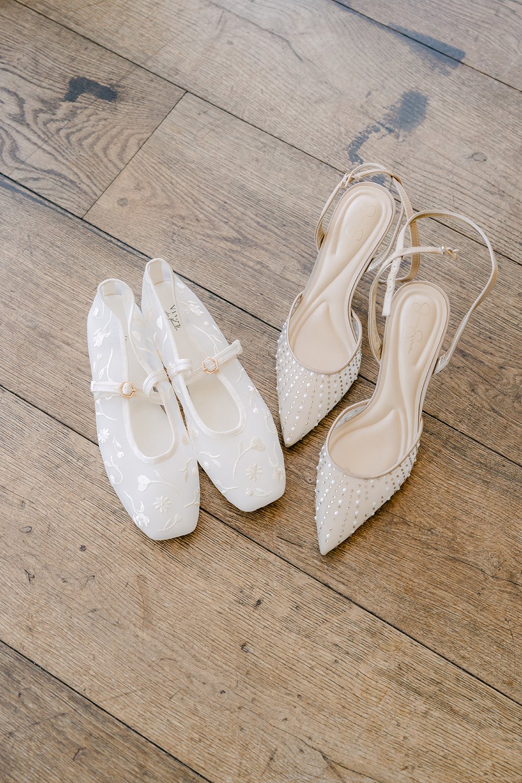 Judy's lace heels on the wood floor, photographed by One and Only Production