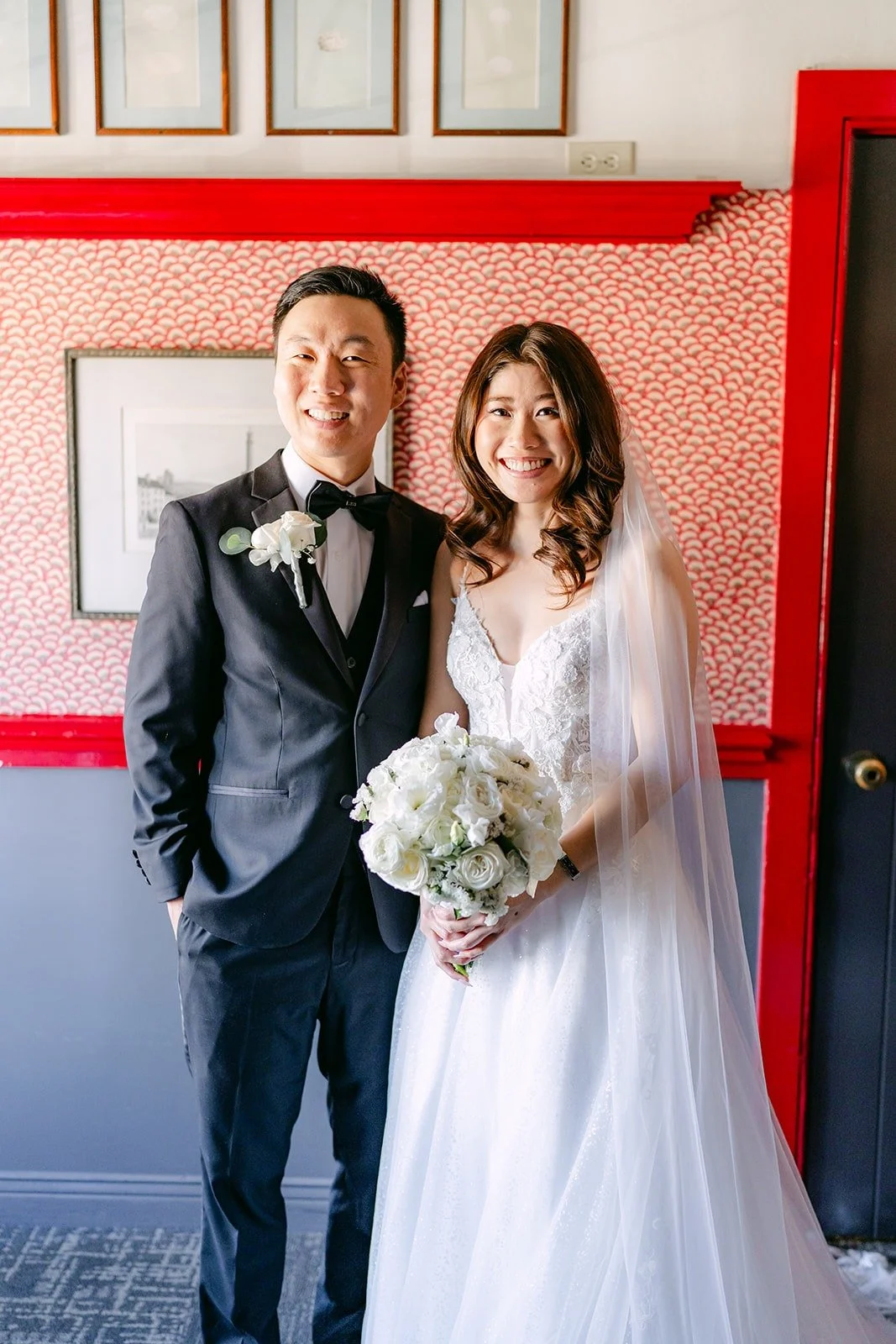 Valerie and Jason grinning side by side after their first look at Five Crowns