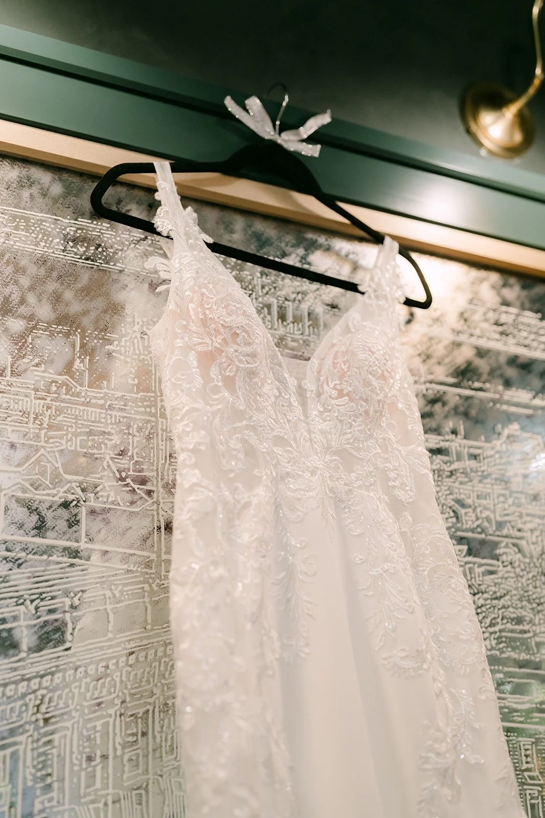 A close look at the lace and beading on Elisa's gown