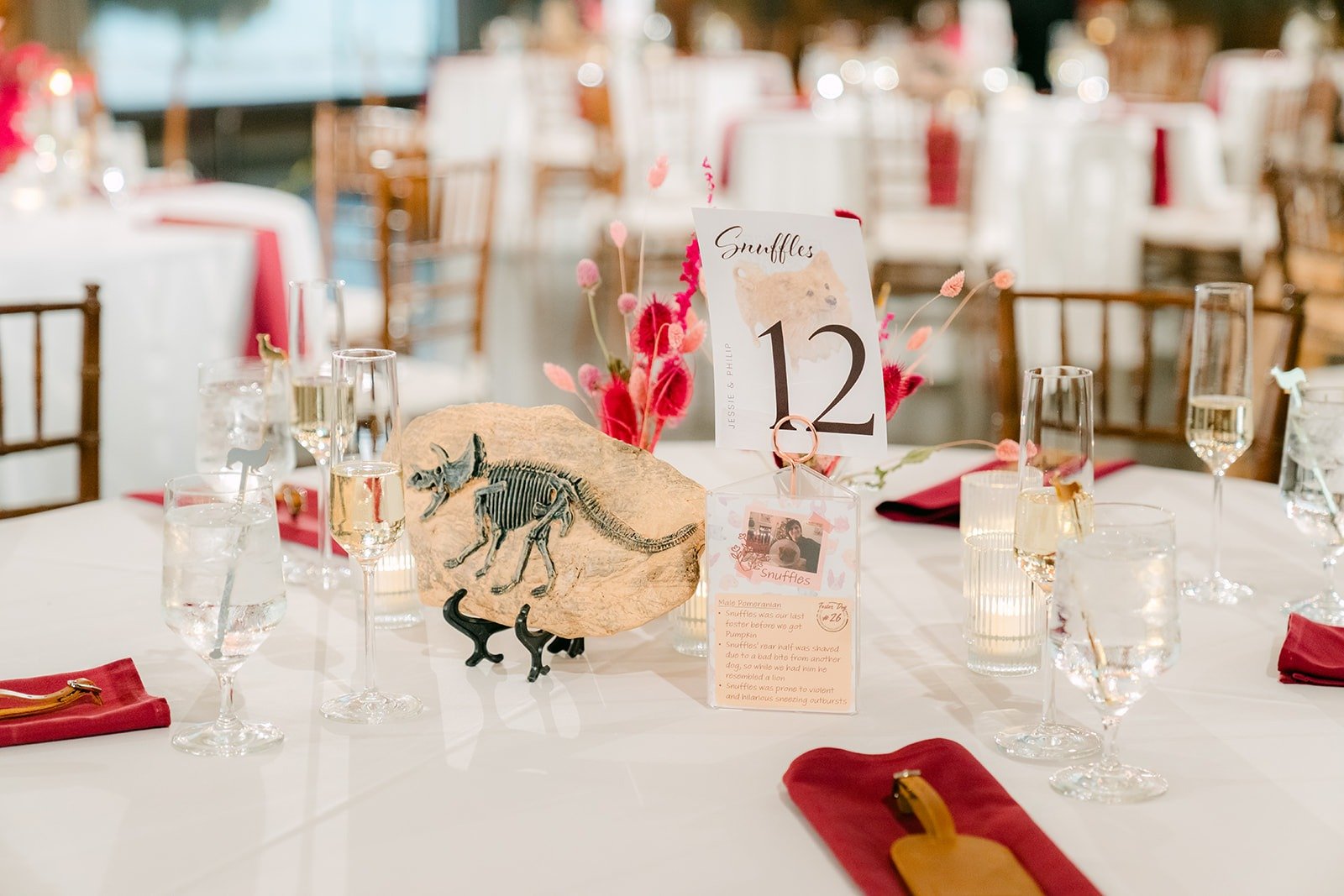 Peach and pink centerpieces on a reception table