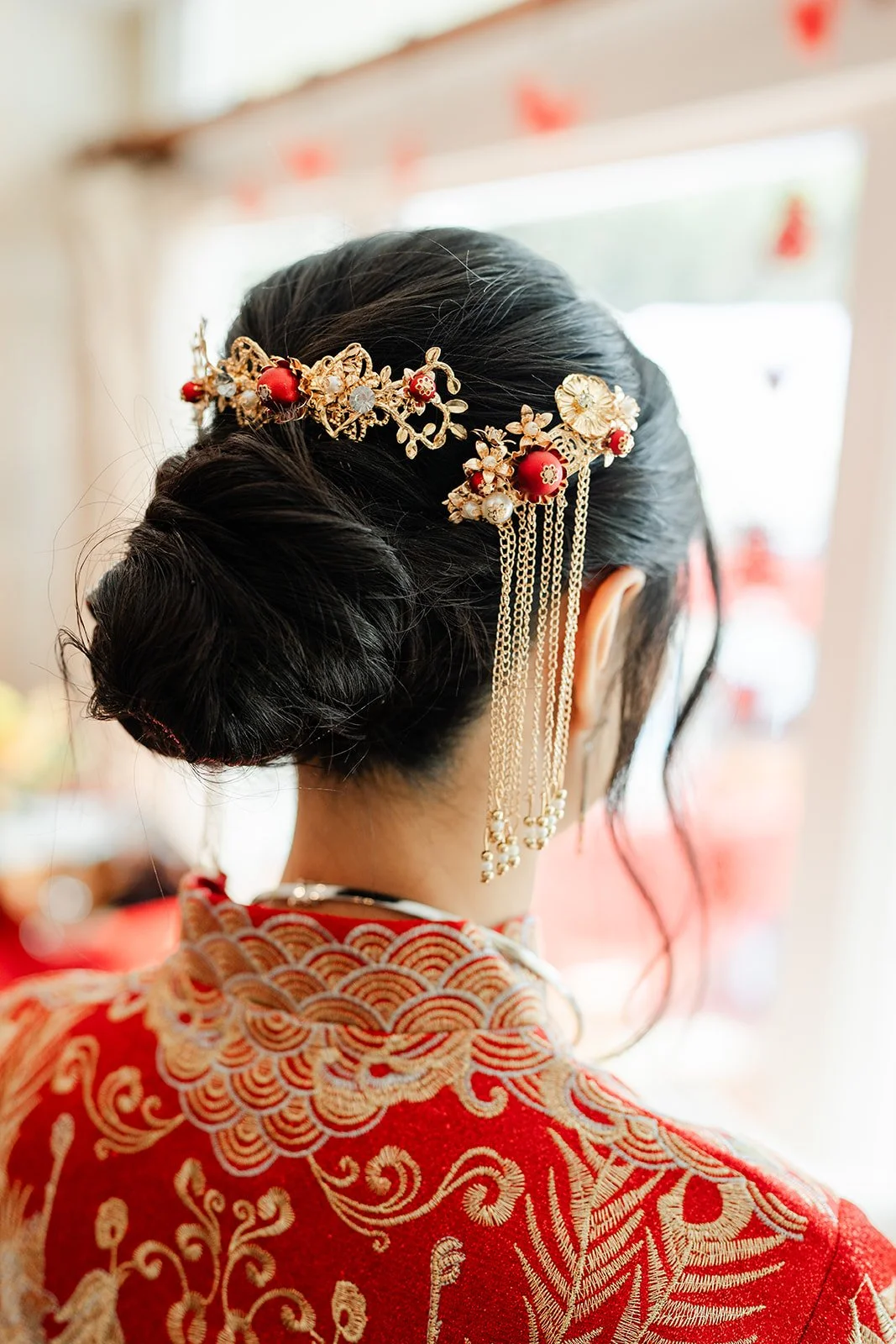 Bridgette's gold hair pins from behind, photographed by One and Only Production.