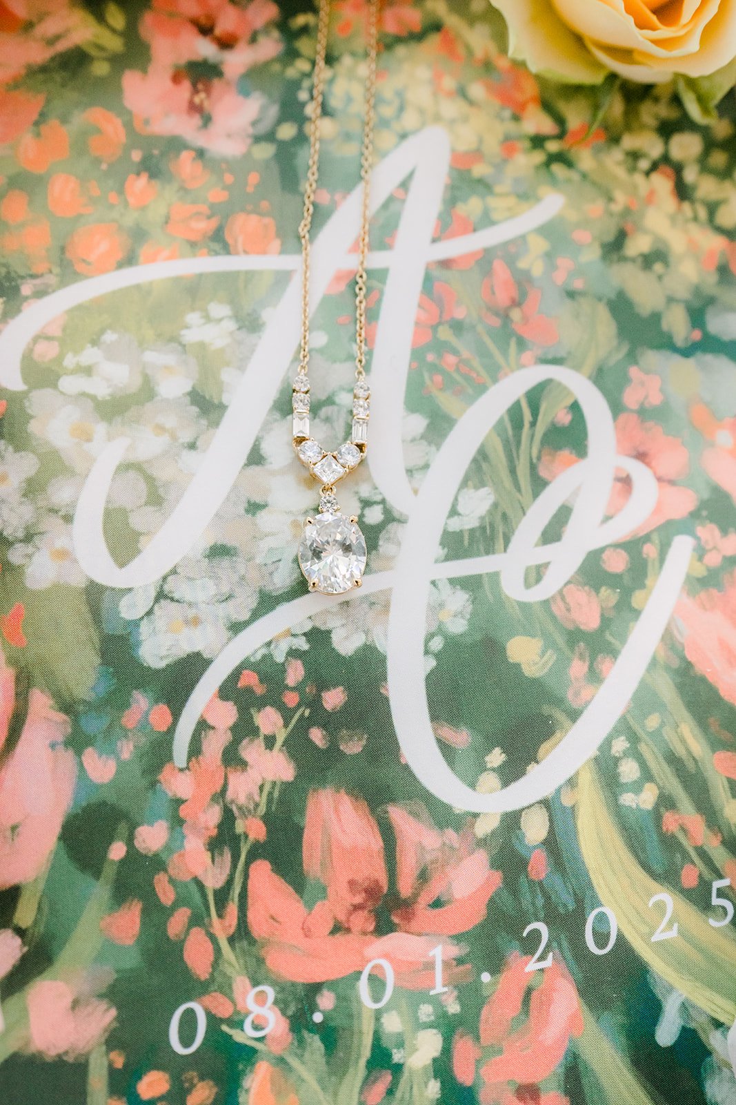 Acrylic monogram card over a floral print