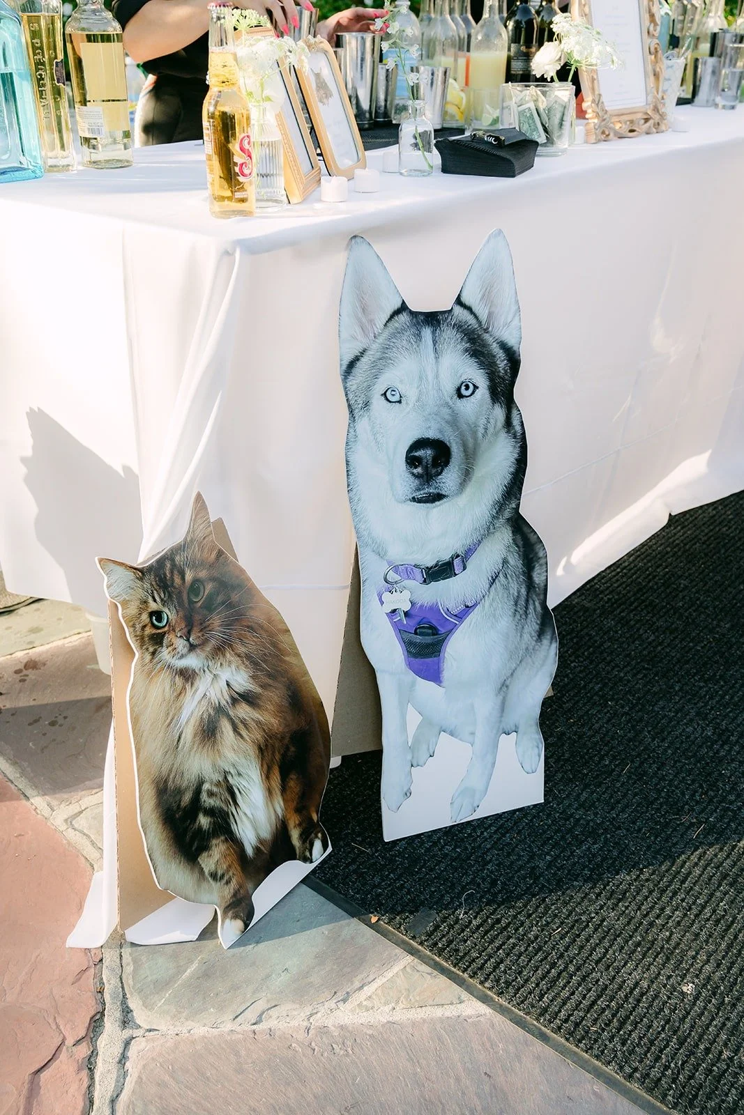 Cutouts of Brianna and Nik's husky and cat at the bar