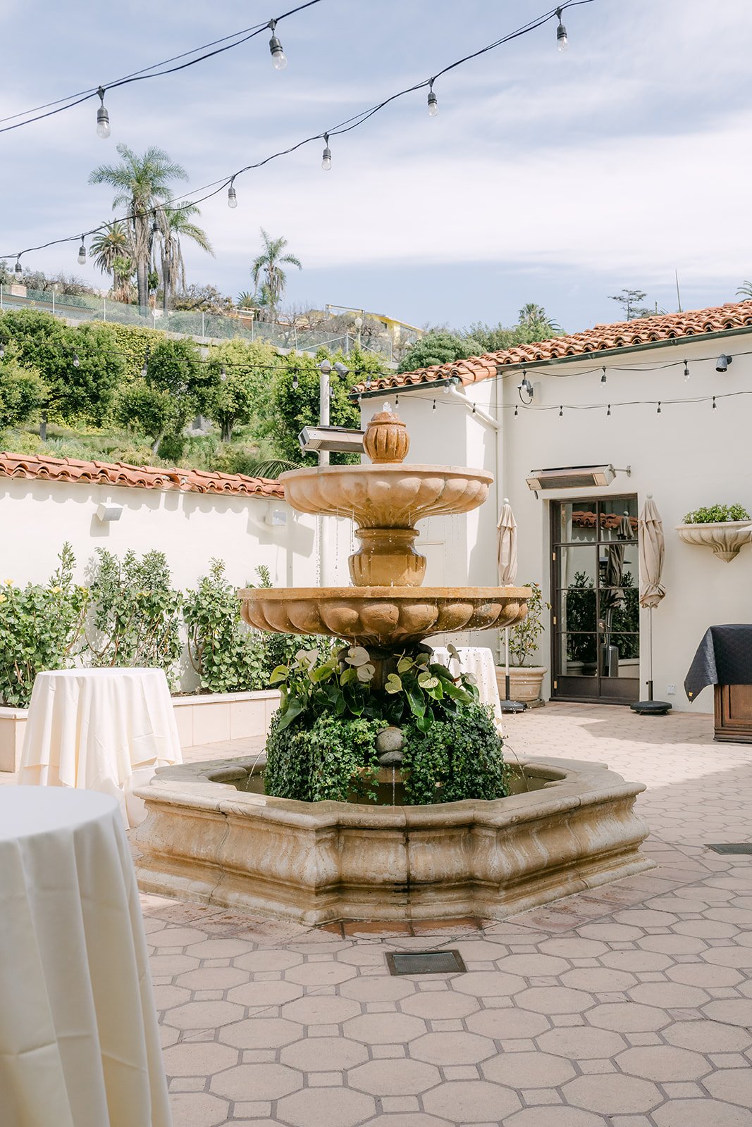Courtyard fountain at Bel-Air Bay Club on the wedding morning