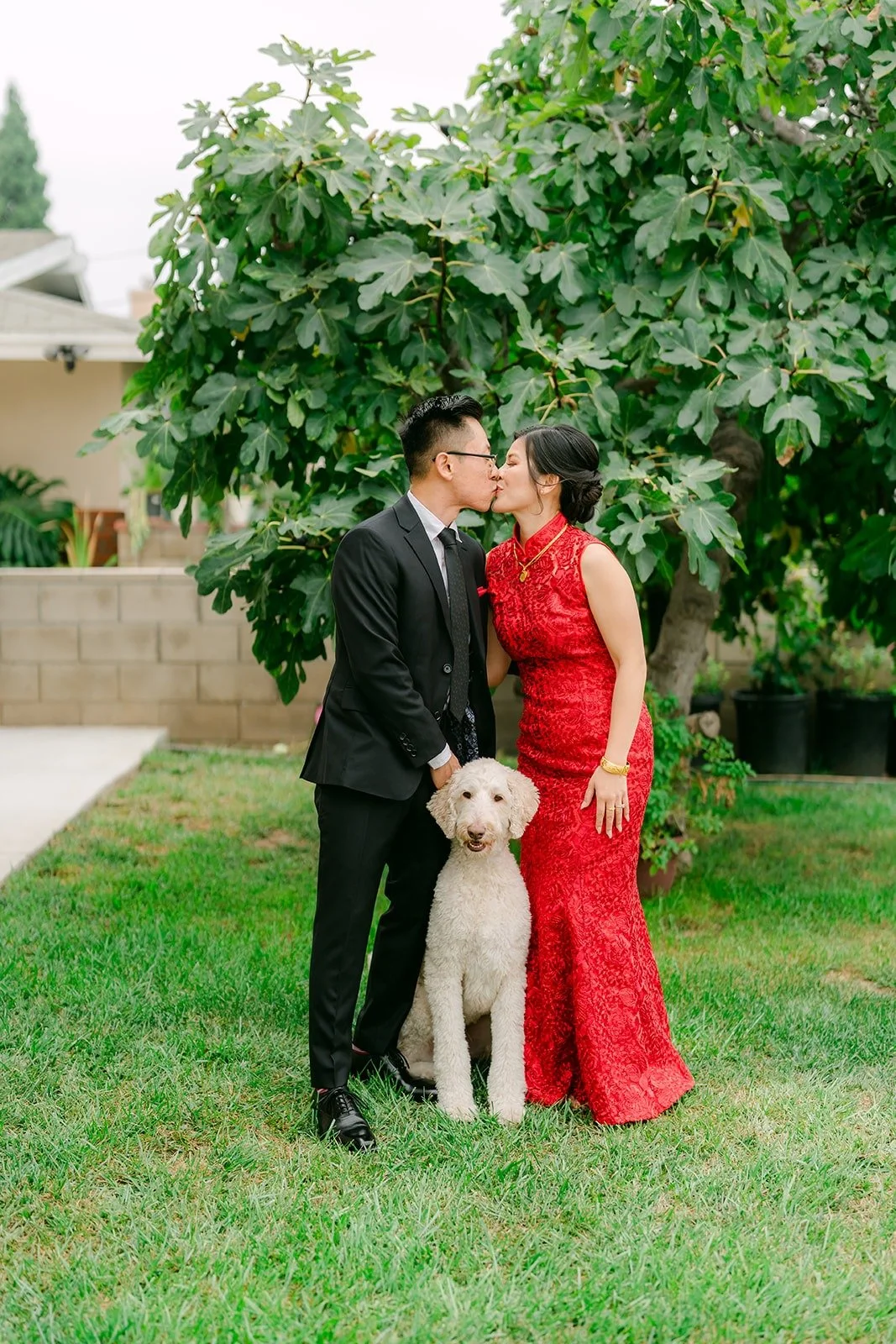 Xuemin and Alex sharing a kiss with Biscuit, their white poodle, photographed by One and Only Production