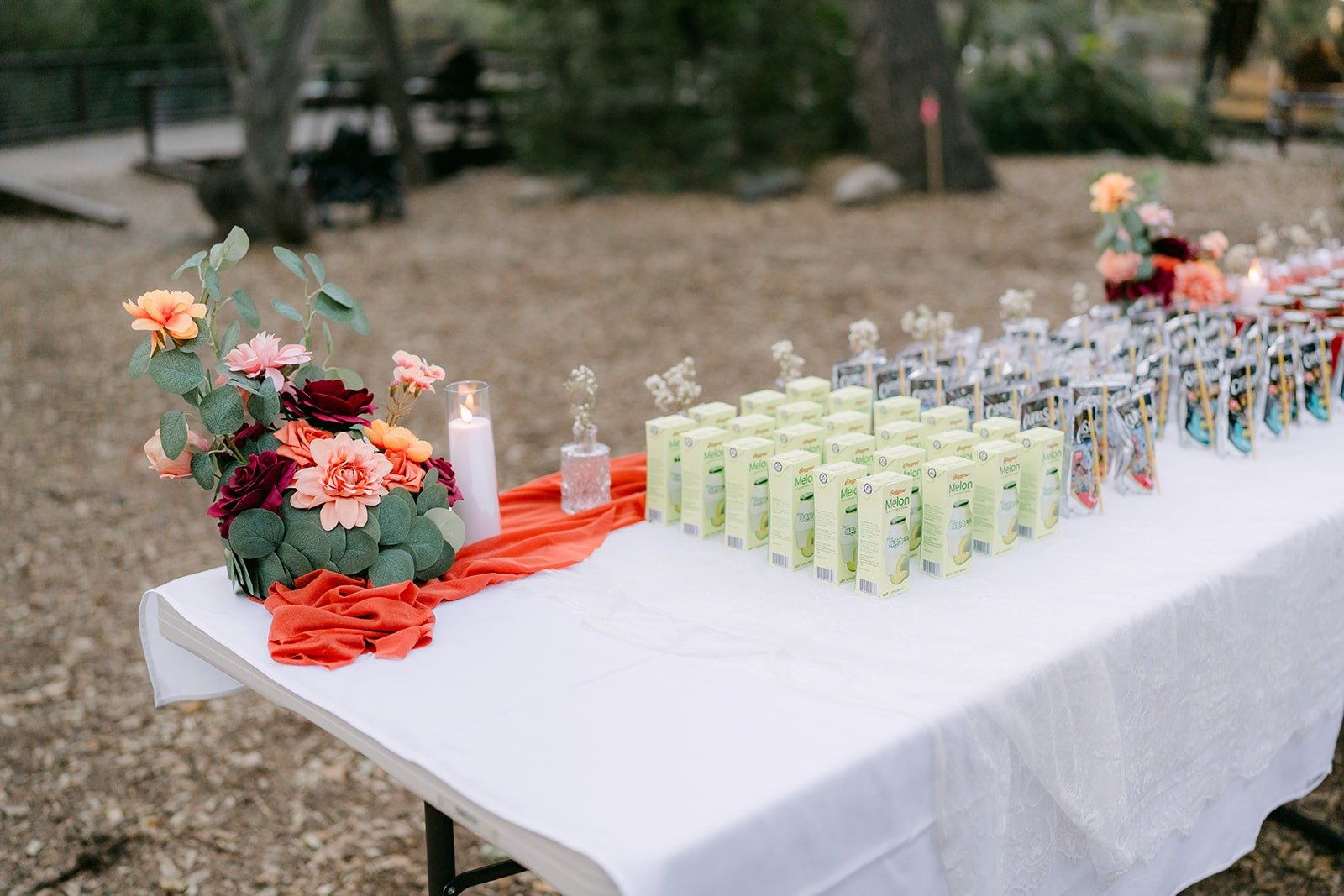 Welcome table with drinks and florals set up beside the ceremony site