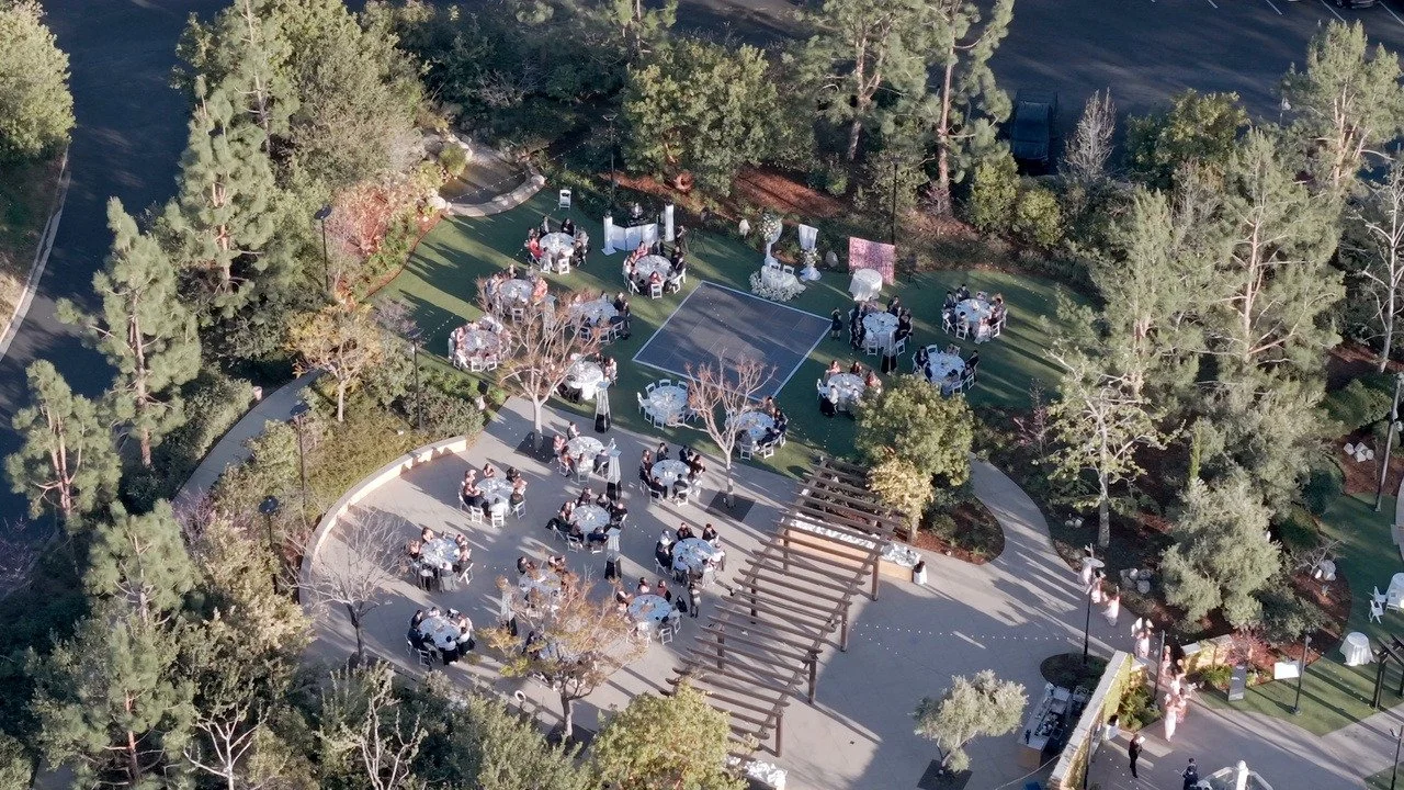 An aerial view of the reception set up on the lawn at Los Robles Greens