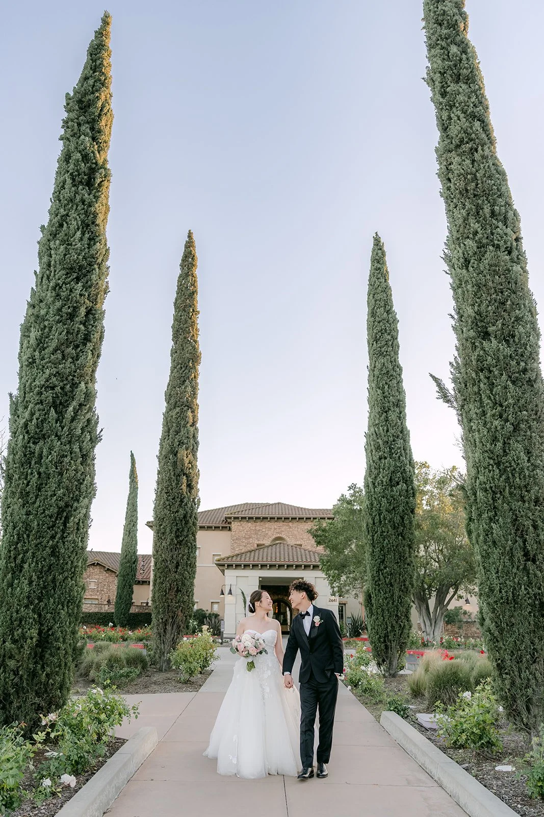 Bride and groom between the tall cypress trees at Vellano Estate