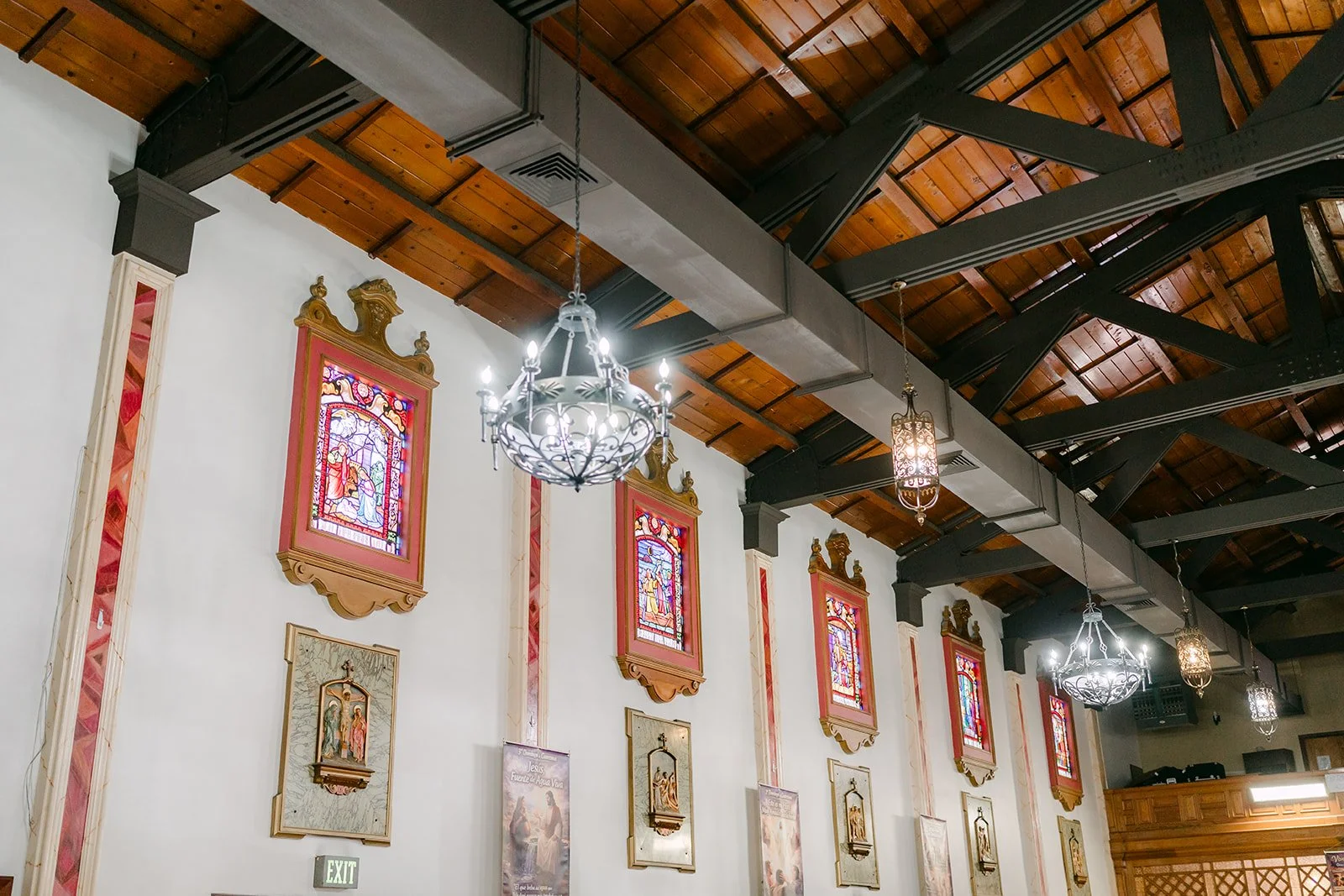 The painted wooden beams inside Our Lady of Guadalupe in Chino.