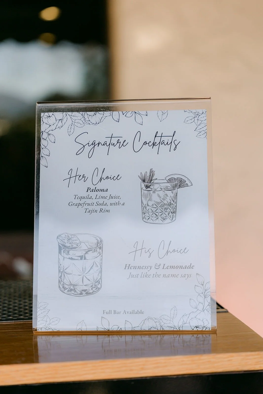 Signature cocktails sign on the bar at Brookside Golf Club