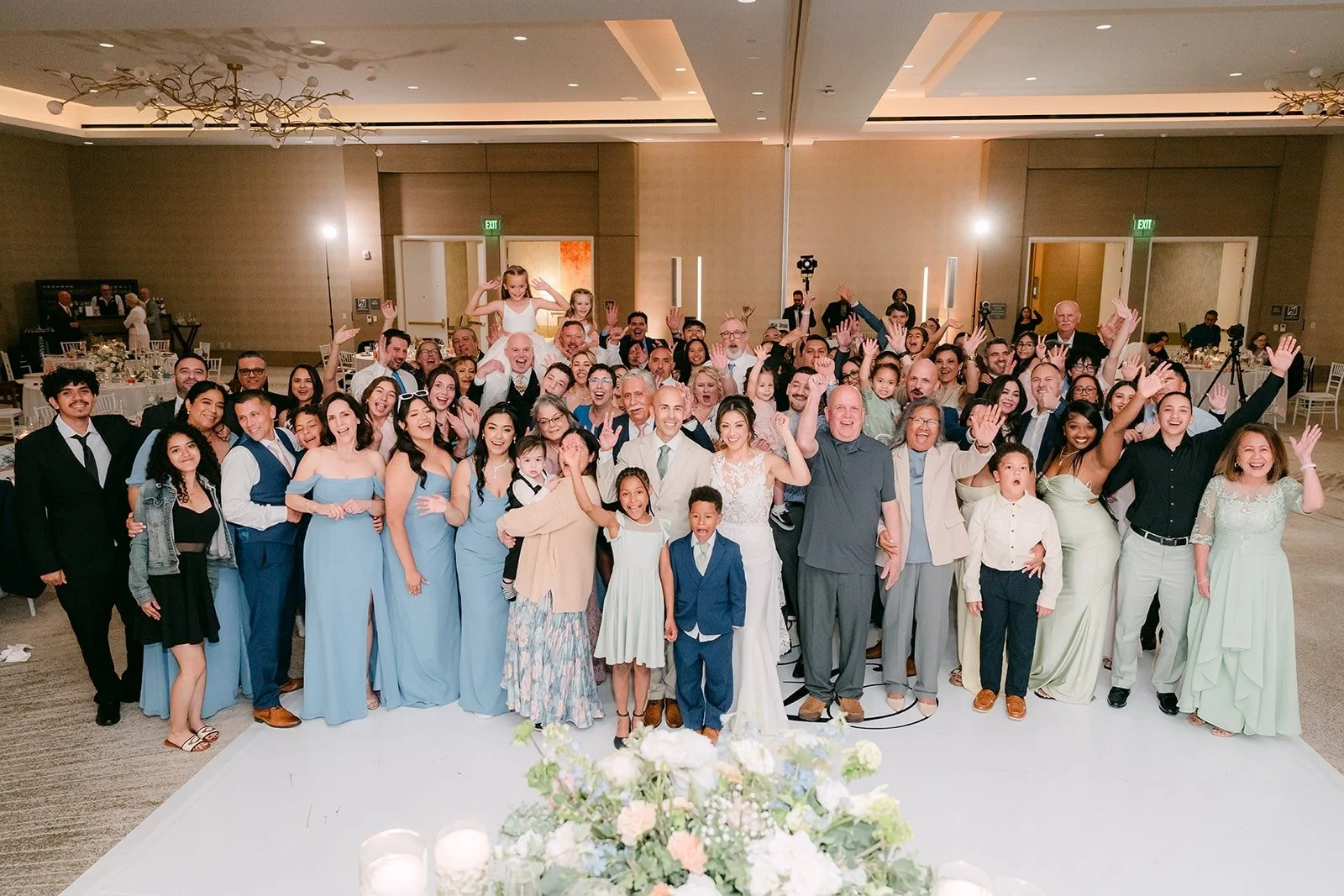 The big group photo with all of Francesca and Daniel's guests in the Carousel Ballroom