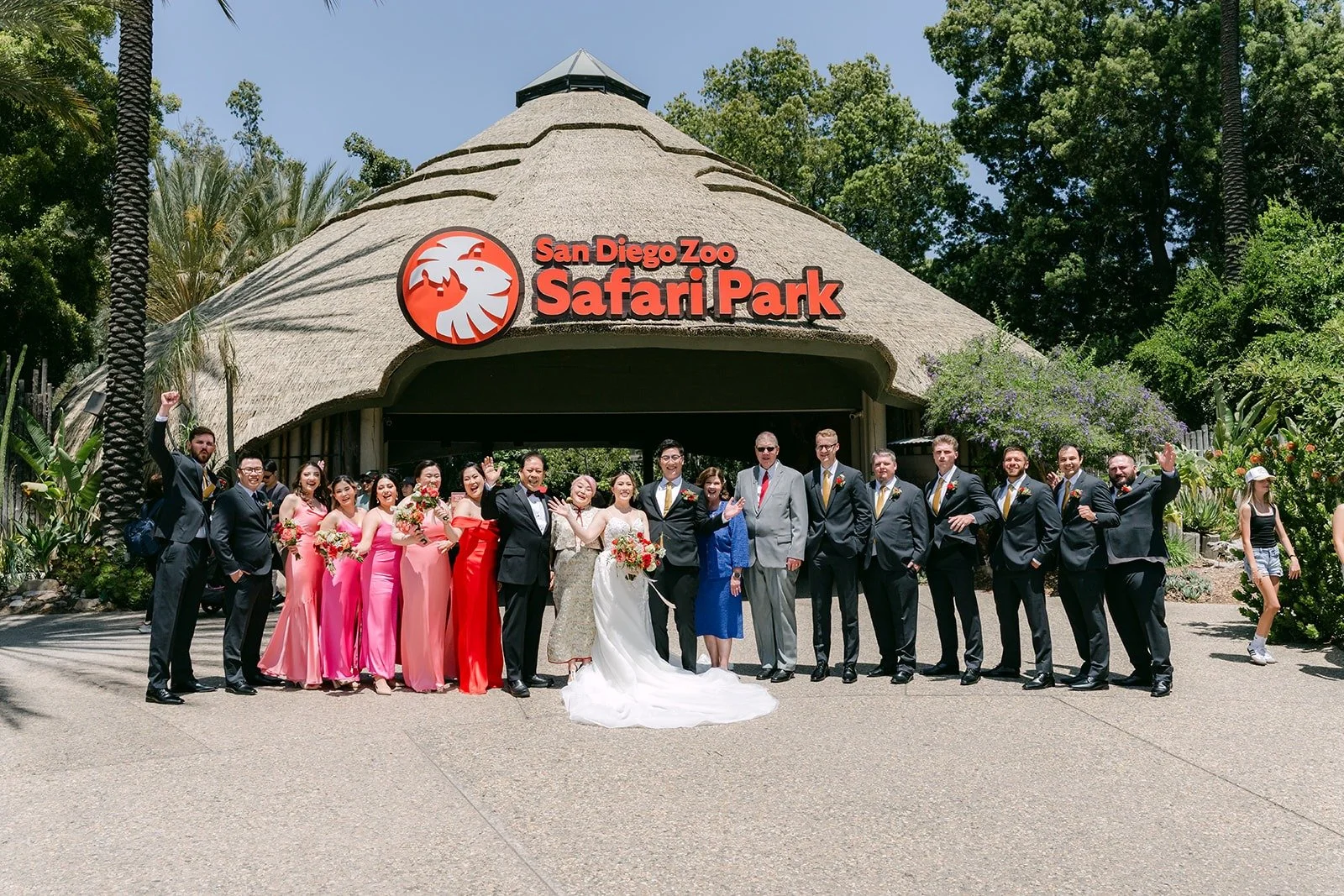 The wedding party in front of the San Diego Zoo Safari Park entrance in Escondido