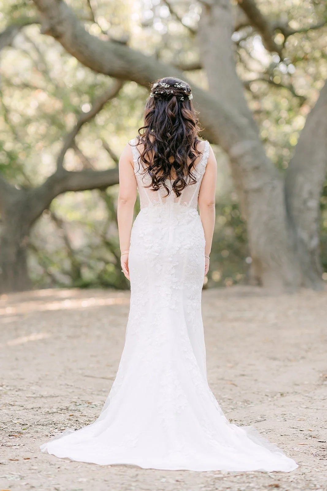 Shayna's fitted gown seen from behind under the oak trees