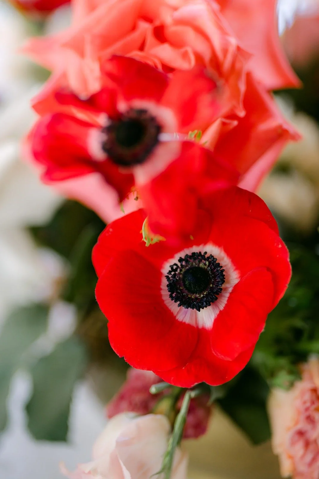 Red anemones in a reception centerpiece