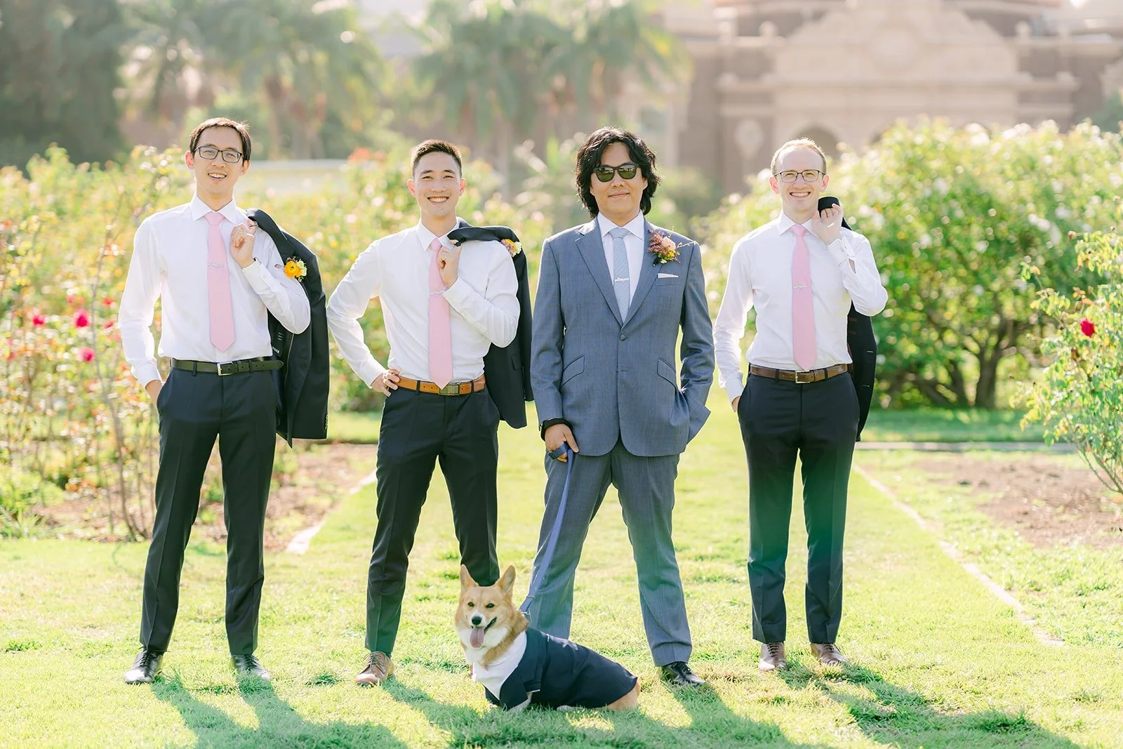 Philip and his groomsmen in the Rose Garden next to the Natural History Museum