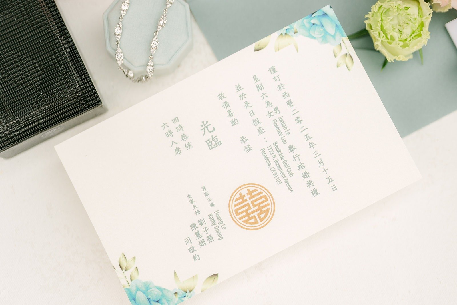 Close up of the invitation with its gold double happiness seal