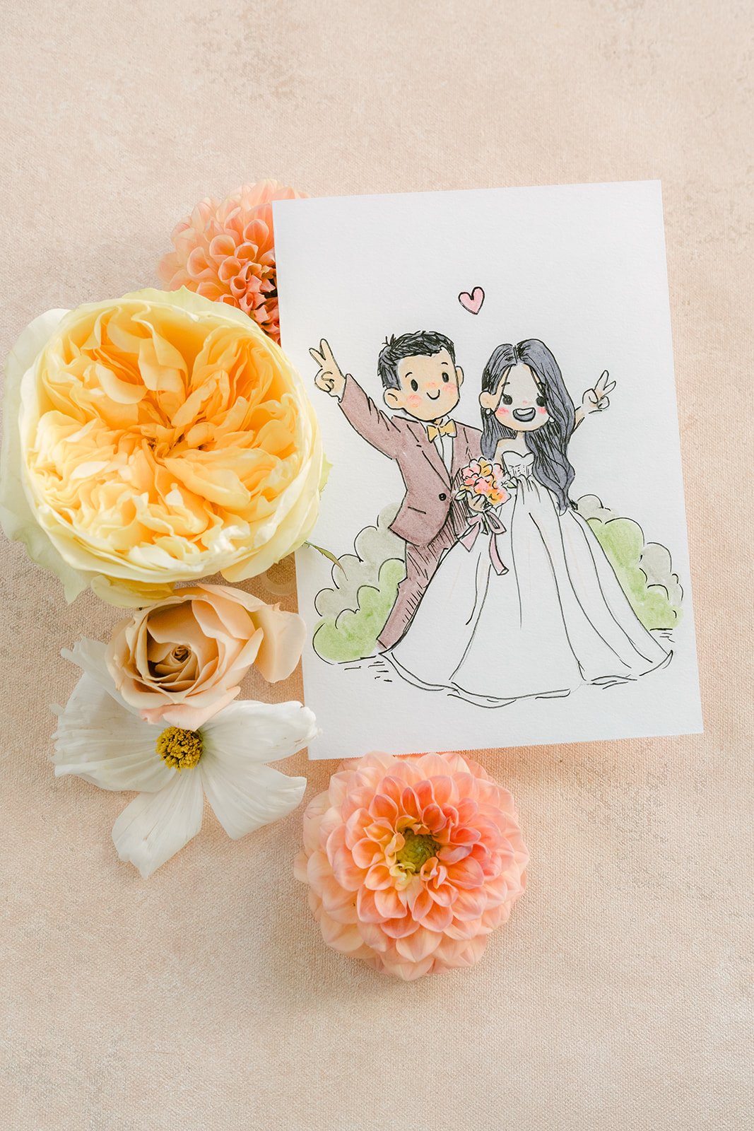 Illustrated portrait card of Clarissa and Austin with garden roses, photographed by One and Only Production