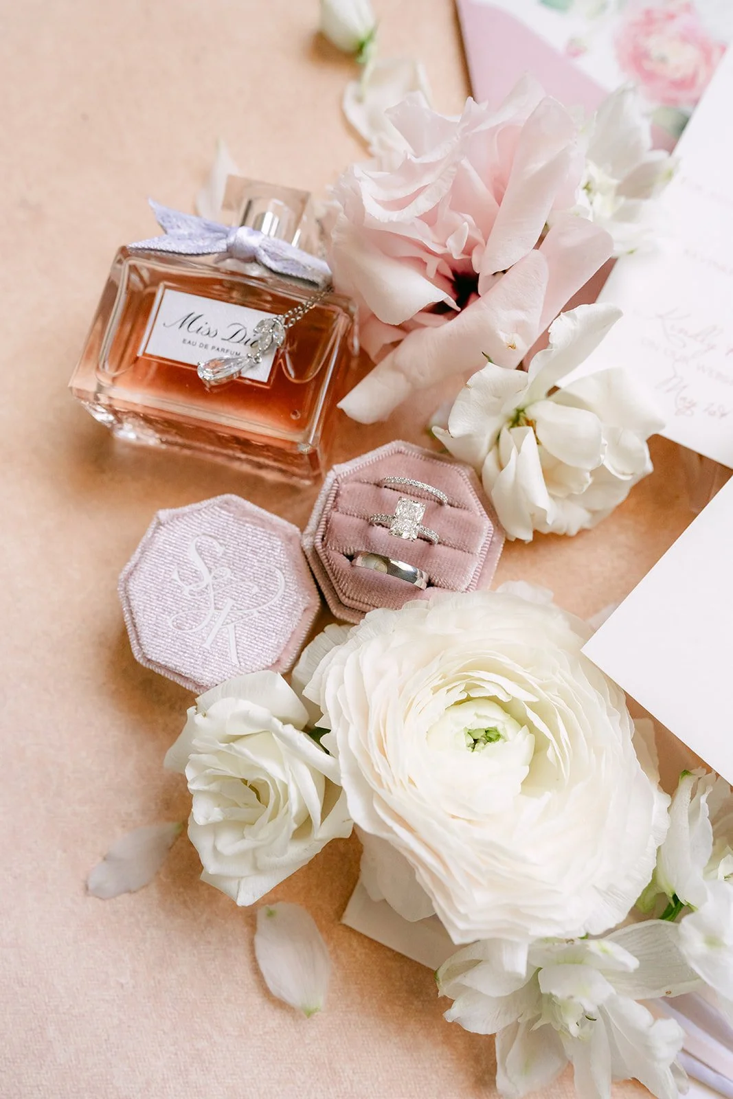 Perfume, ring box and cream roses in Sandra's flat lay.