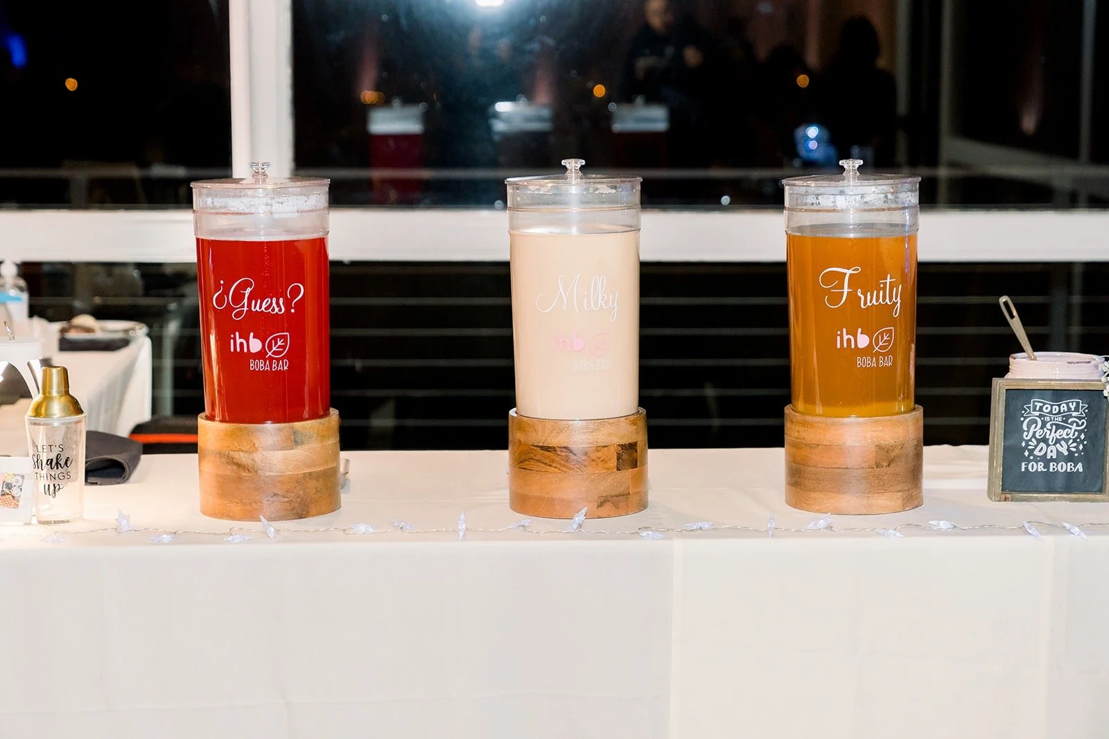 Boba drink dispensers at the reception