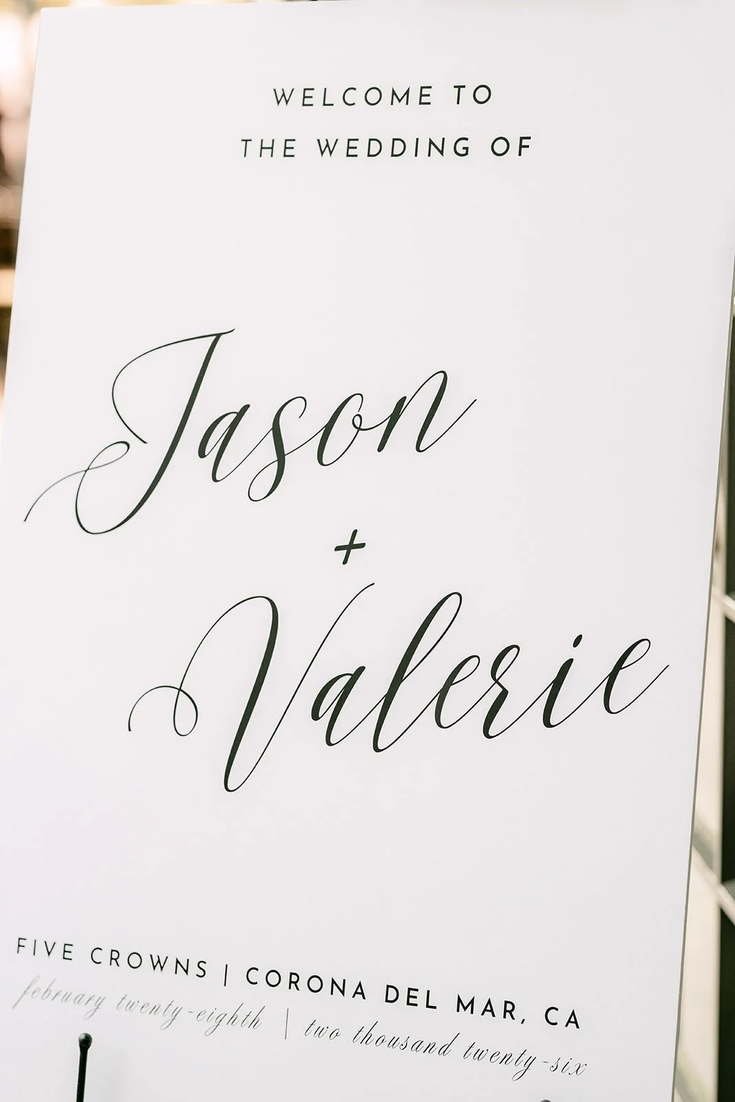 Welcome sign for the wedding of Jason and Valerie at Five Crowns