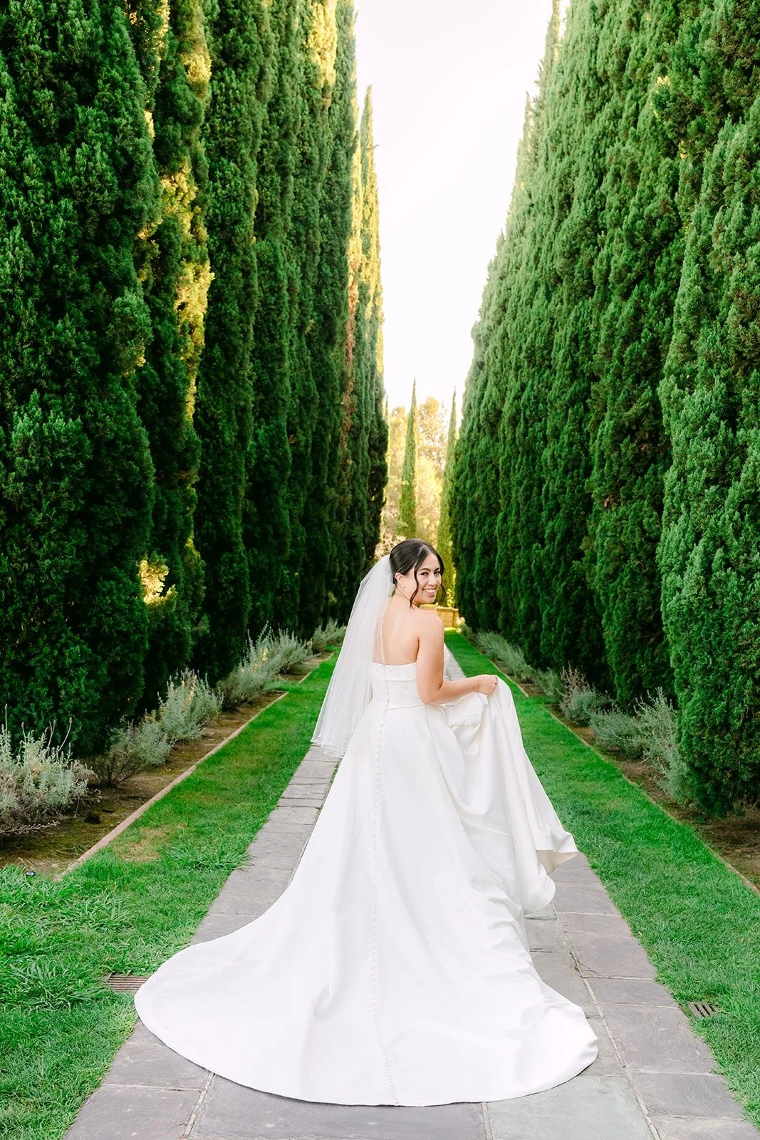 Brianna's train on the path between the tall cypress hedges