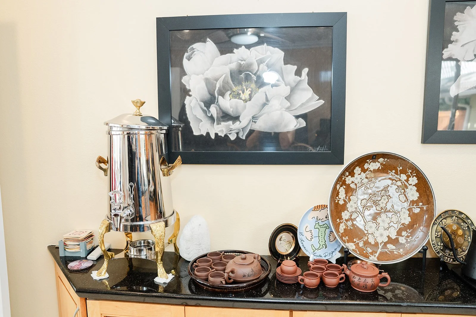 A traditional tea service set out on the family's sideboard.