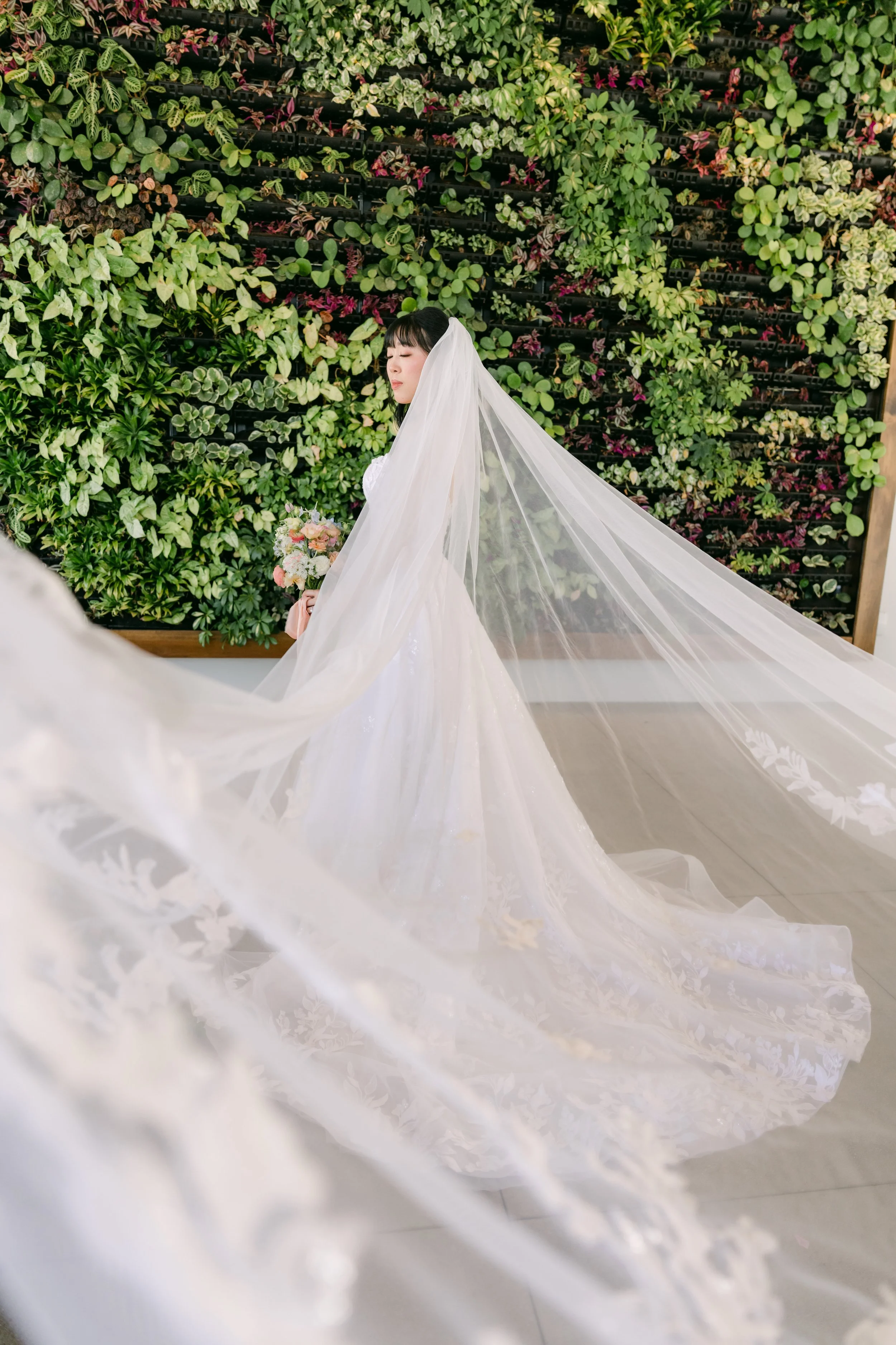 Cathedral veil spread across the floor in front of the living wall at The Colony House