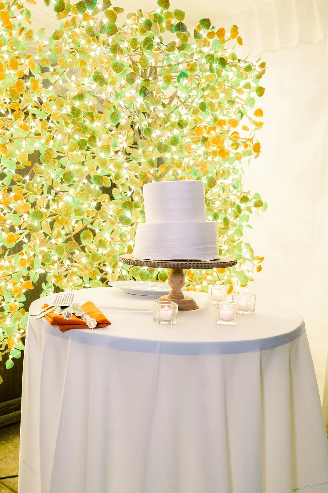 Hannah and Vincent's tiered white cake under the trees