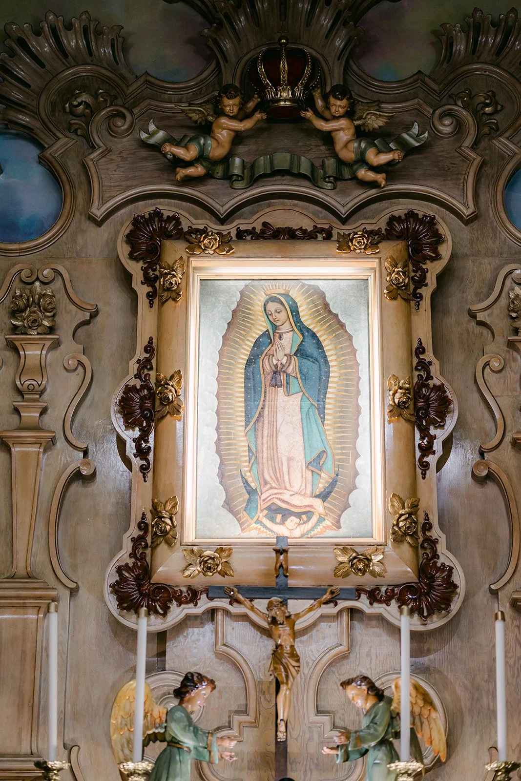 The image of Our Lady of Guadalupe above the altar.
