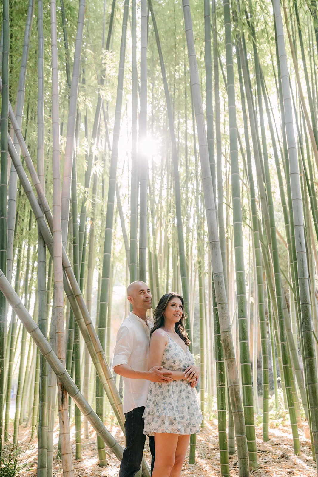 Francesca and Daniel hold each other as sunlight filters through the bamboo.