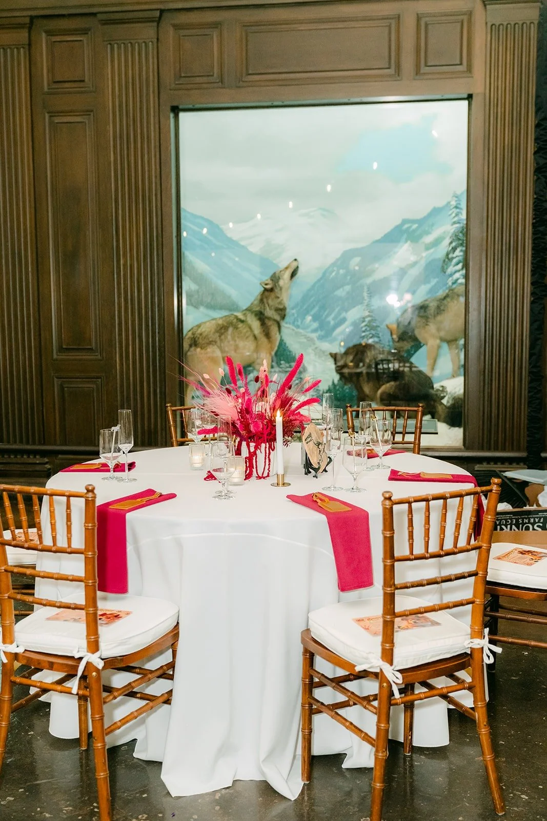 A reception table set in front of a mountain diorama