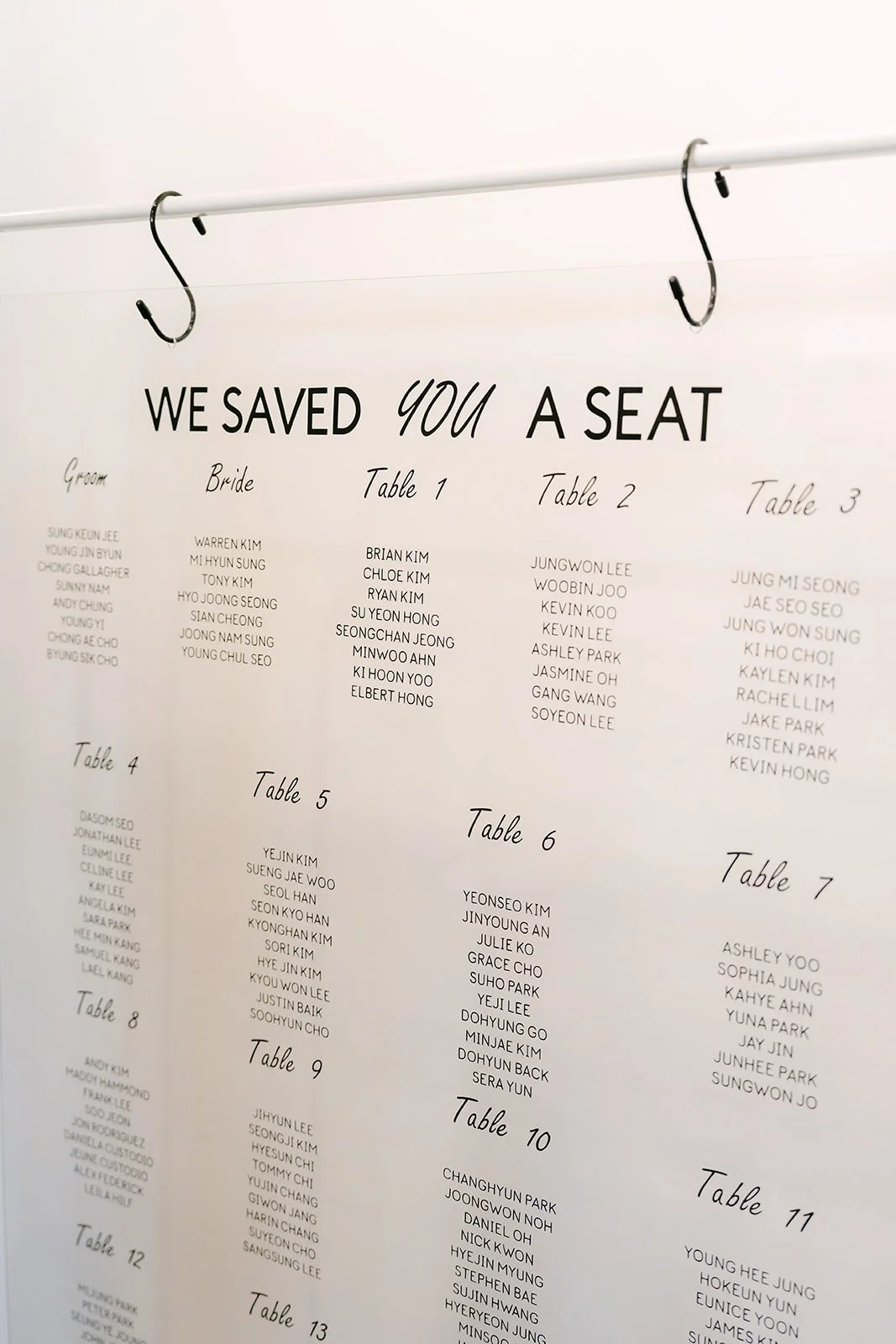 An acrylic seating chart that reads "We saved you a seat"