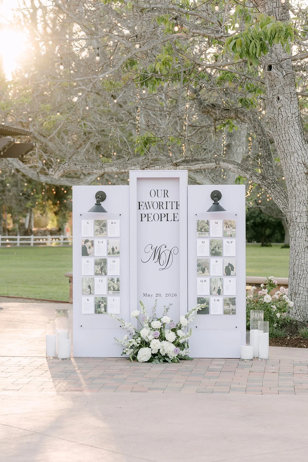 Our Favorite People seating display beneath the walnut trees