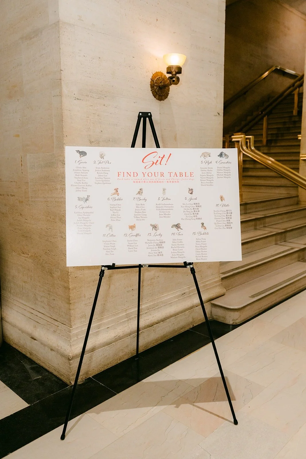 The seating chart on an easel at the museum staircase