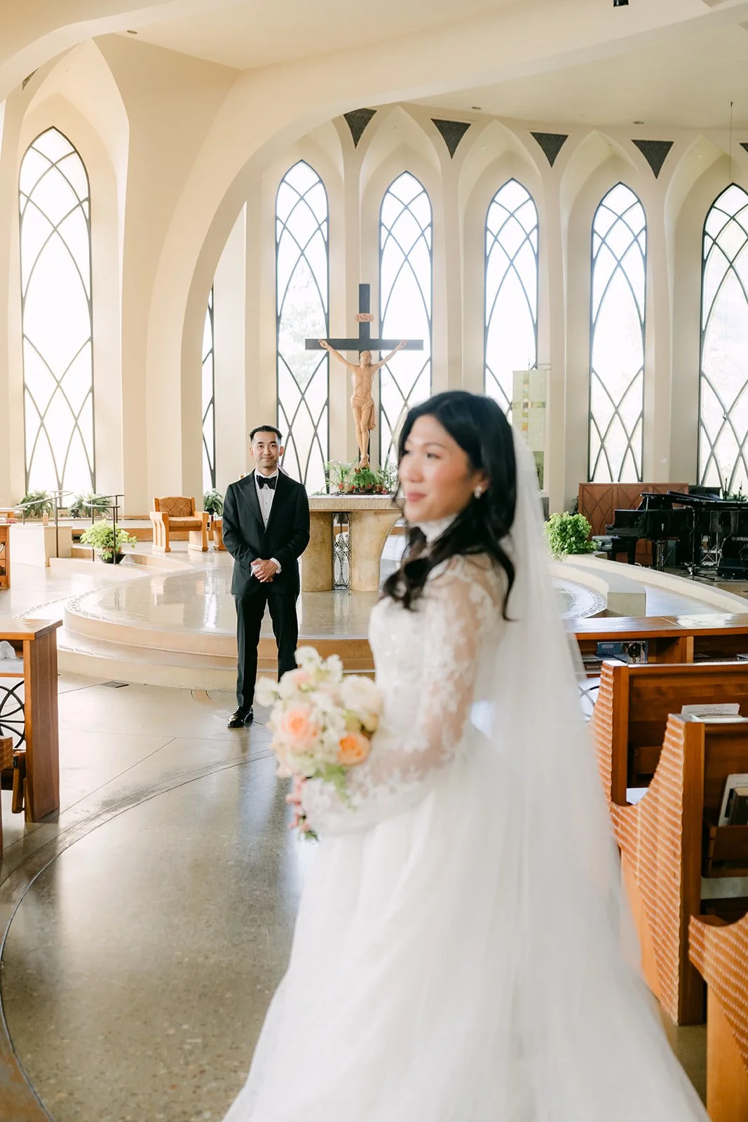 Kim and Vincent in the church aisle