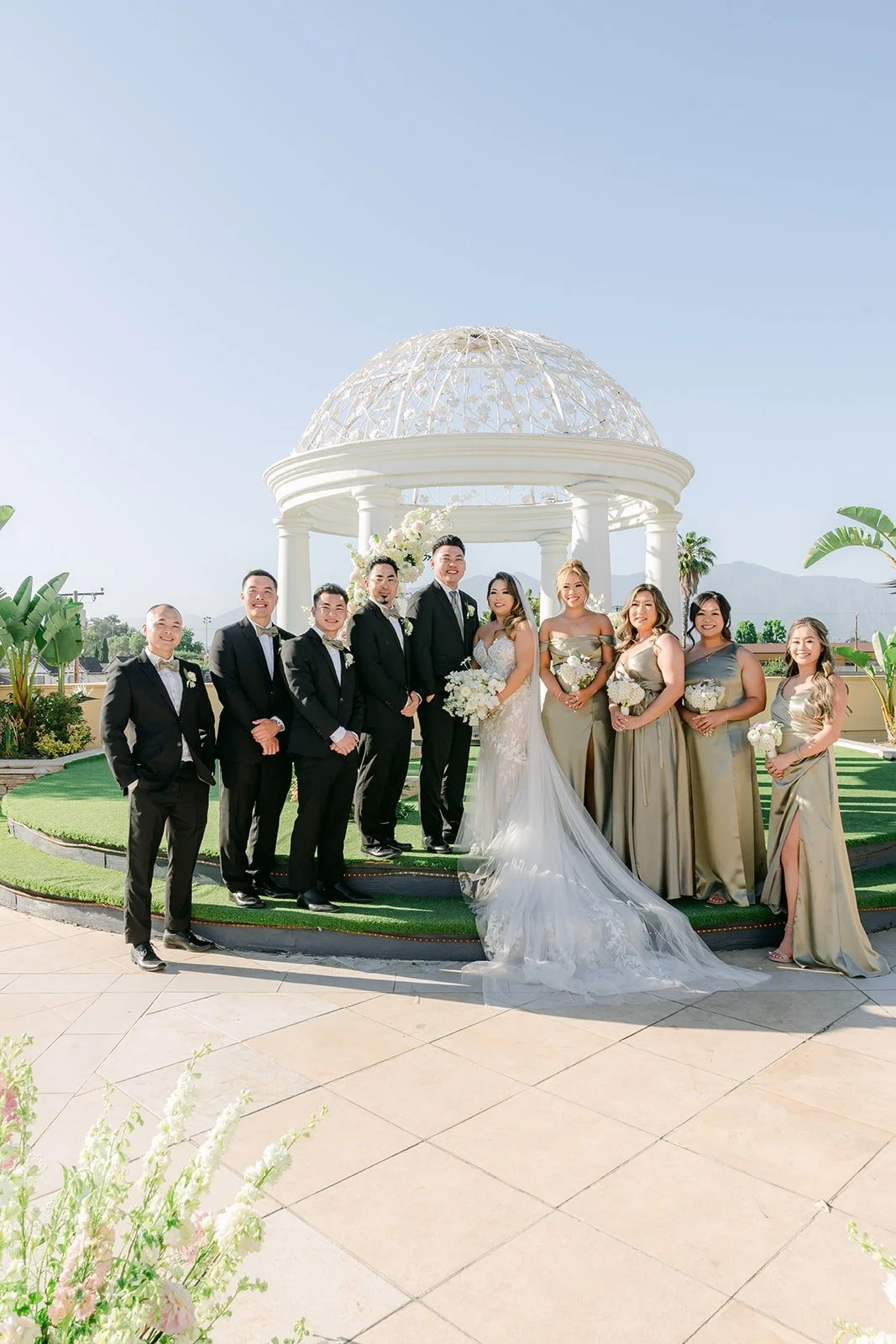 Candice and Vincent with their wedding party in front of the gazebo