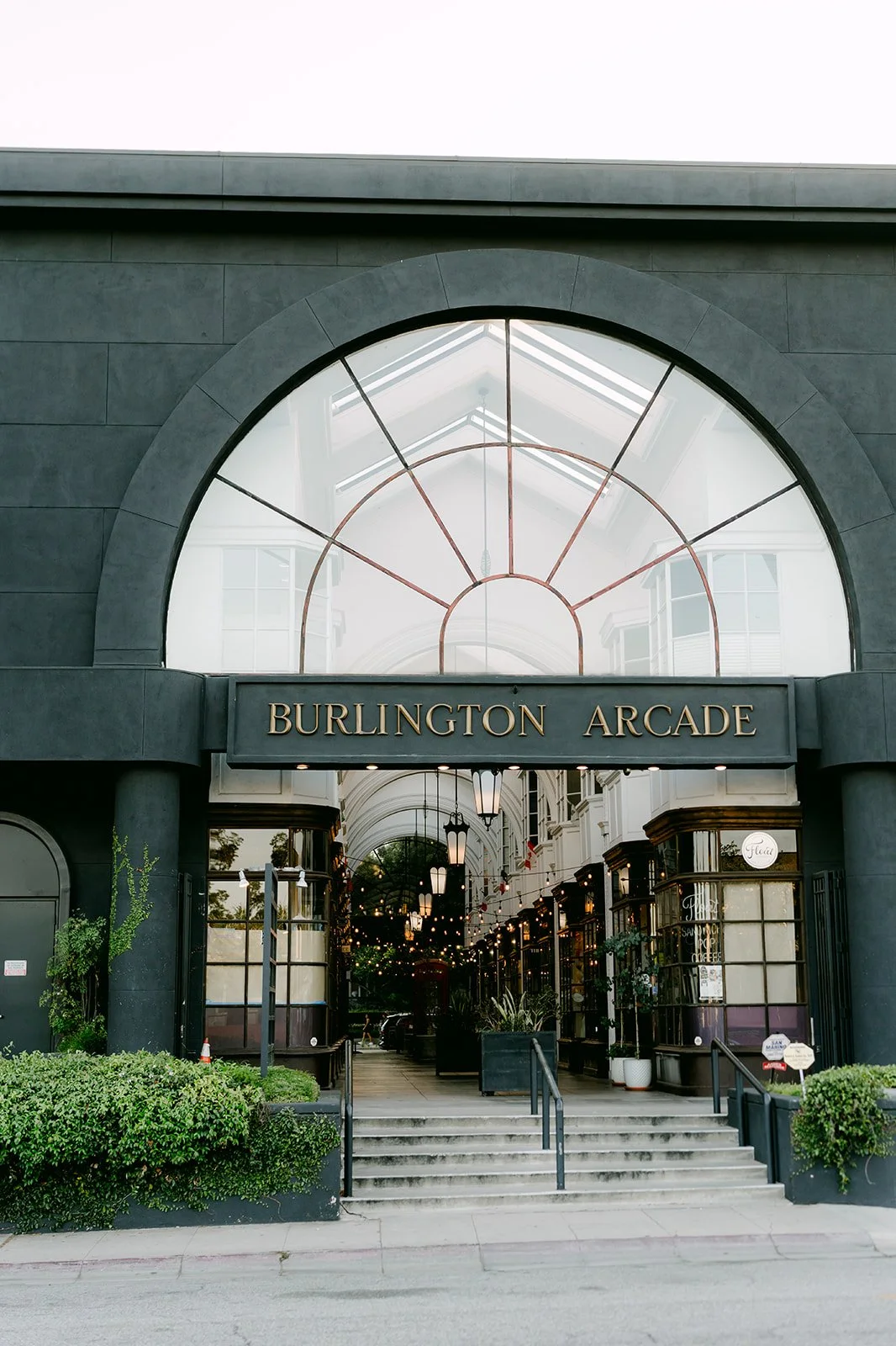 The arched entrance to the Burlington Arcade in Pasadena.