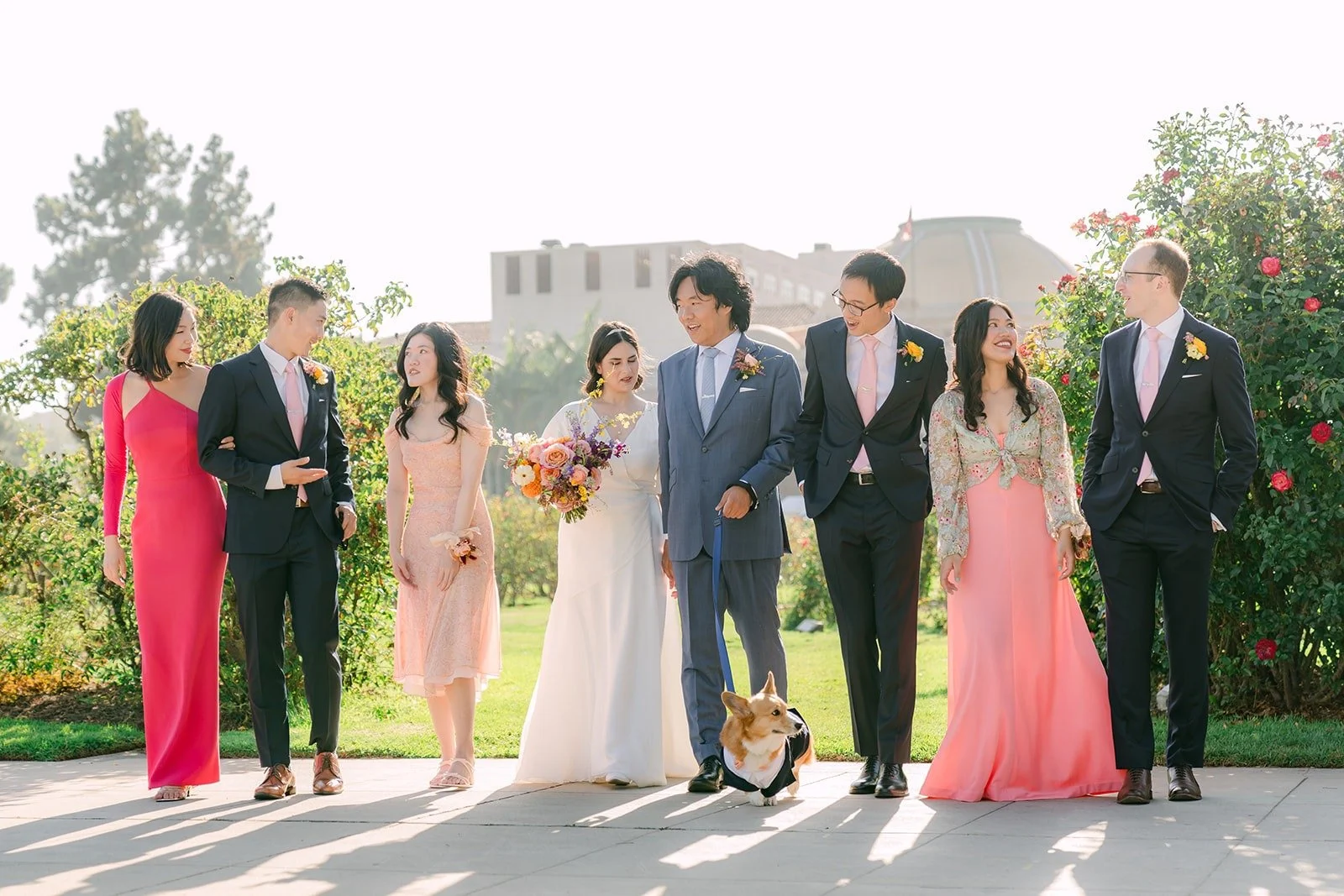 The full wedding party with Pumpkin on the lawn