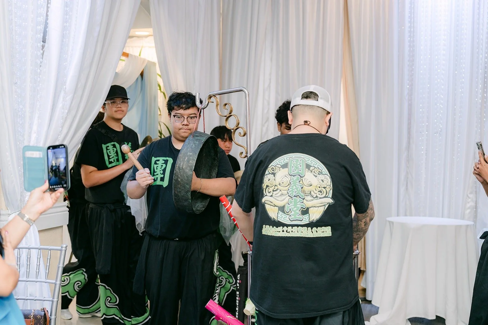 The lion dance team arriving with drums and cymbals