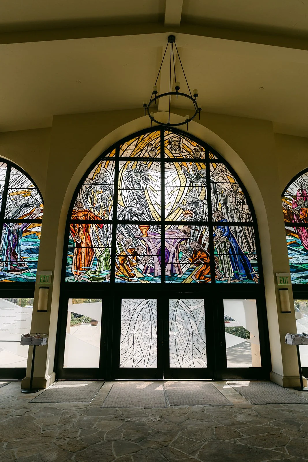Stained glass doors at the entrance of St. John Fisher Church