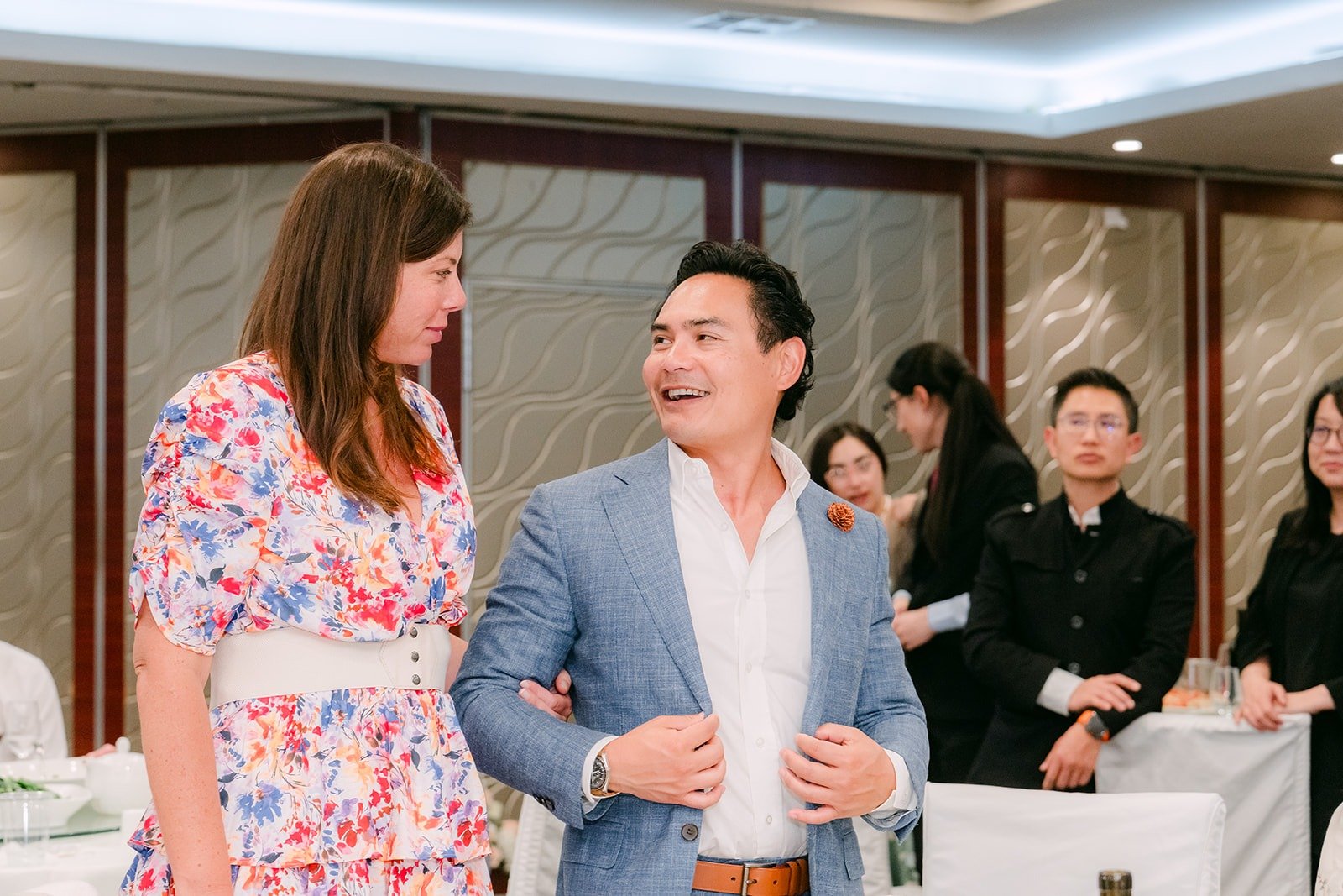 Guests join a reception game on the floor