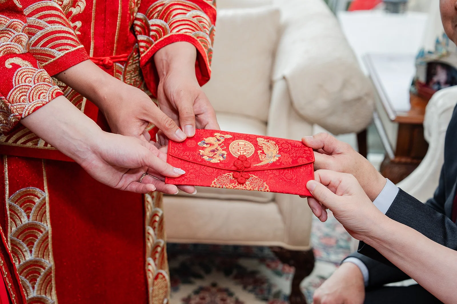 A red envelope passed to the couple during the tea ceremony.