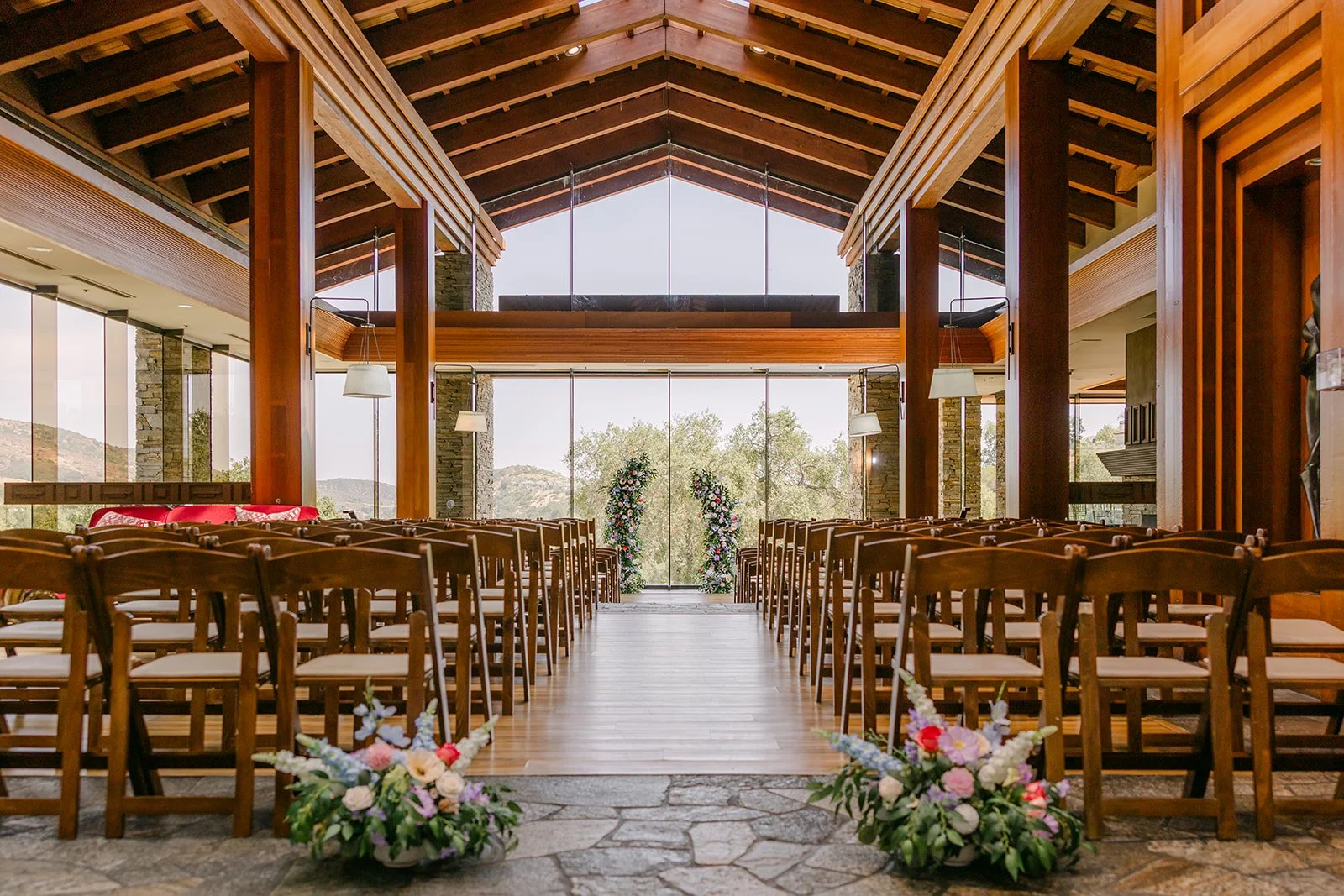 The ceremony hall at Dove Canyon with a view of the hills